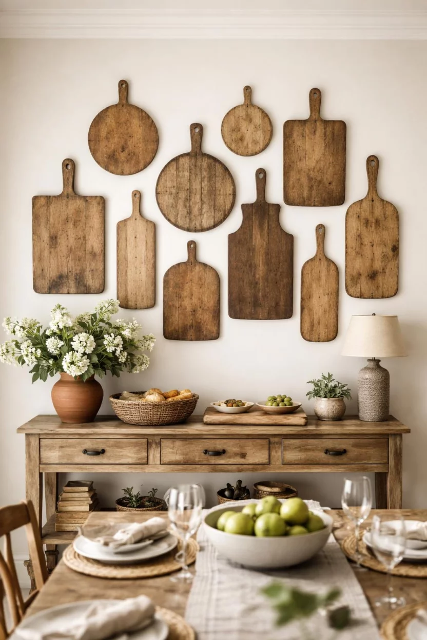 A realistic photo of a dining room wall decorated with a collection of antique wooden breadboards in various sizes and shapes hanging in a cluster above a rustic wood console.