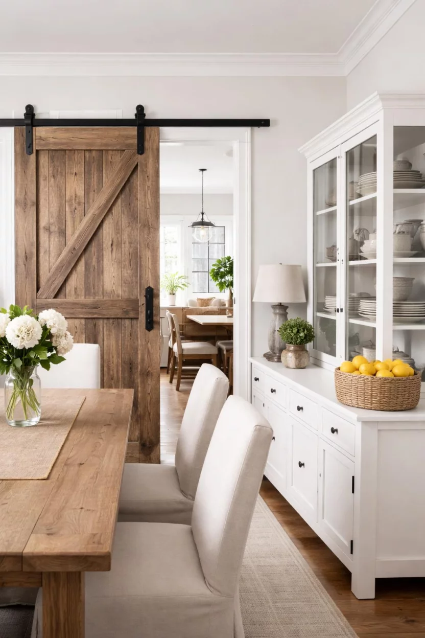 A realistic photo of a dining room featuring a sliding reclaimed wood barn door with black iron hardware, a tall white hutch displaying stoneware plates, and a small woven basket filled with fresh lemons on a side sideboard.