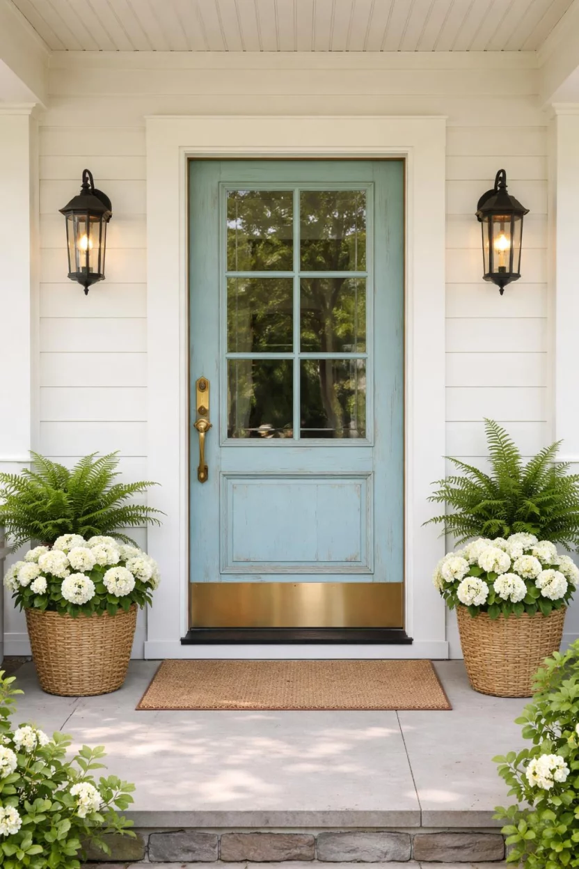 A realistic photo of a front porch featuring a light blue distressed wood front door with a large glass window and a brass kick plate at the bottom.