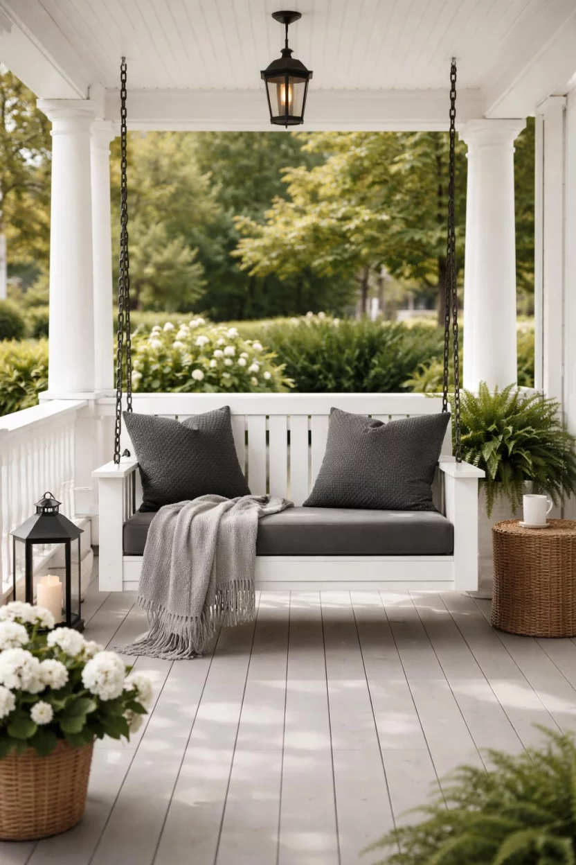A realistic photo of a front porch featuring a white wooden porch swing hanging by heavy black chains with large charcoal gray throw pillows and a soft knit blanket.