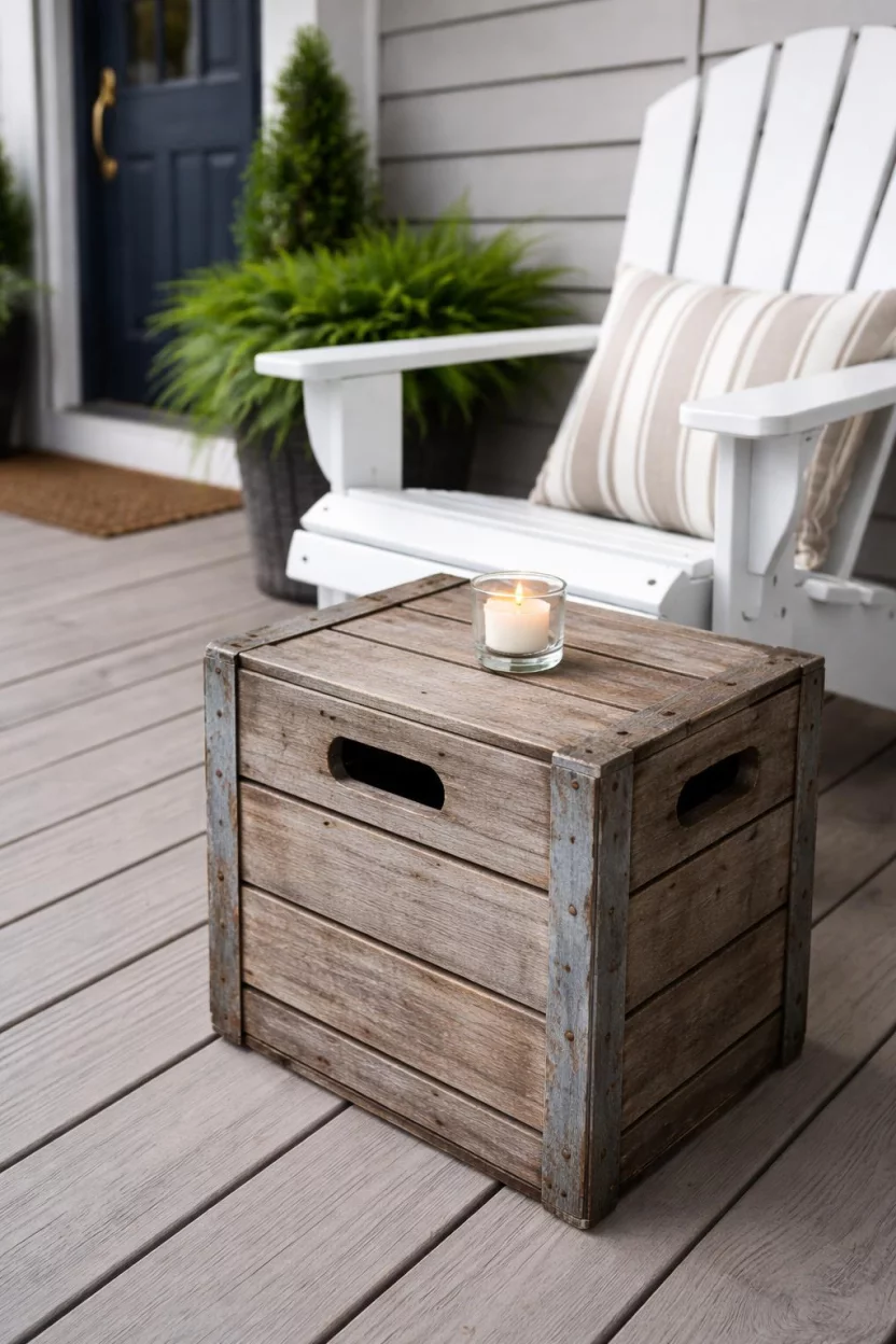 A realistic photo of a front porch with a weathered gray wooden milk crate used as a side table beside a white Adirondack chair with a small tealight candle on top.