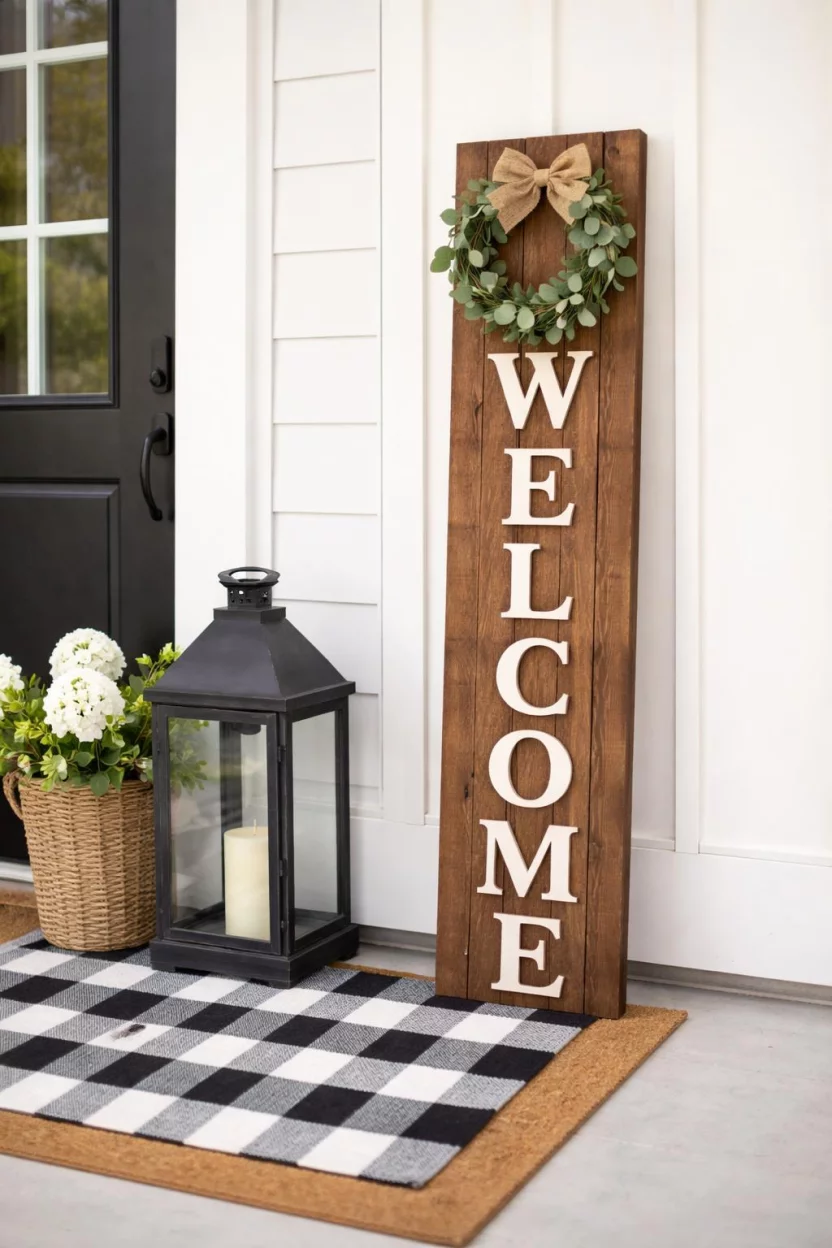 A realistic photo of a front porch showing a tall vertical reclaimed brown wood welcome sign leaning against a white farmhouse wall next to a black metal lantern and a checkered floor mat.