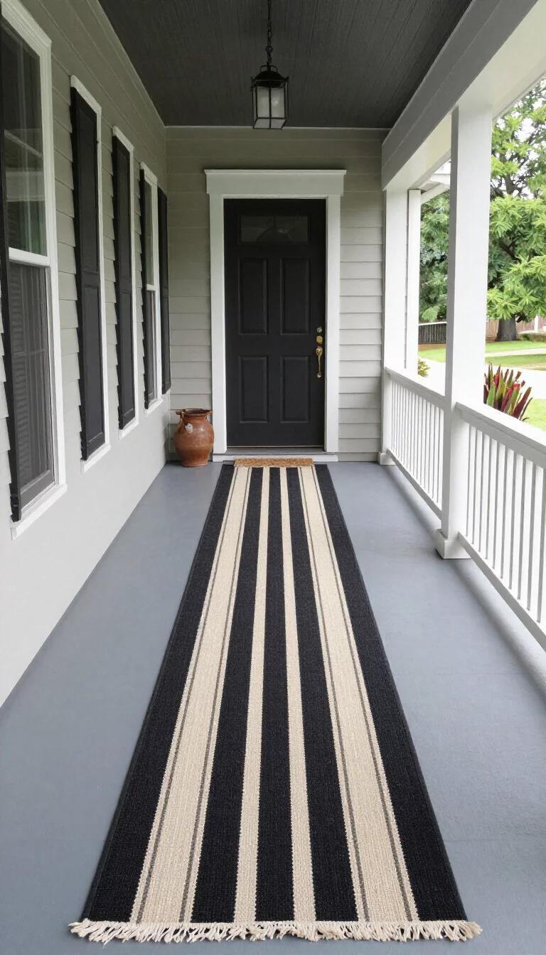 A realistic photo of a long front porch with a narrow black and cream striped outdoor rug runner stretching between the front door and the far end.