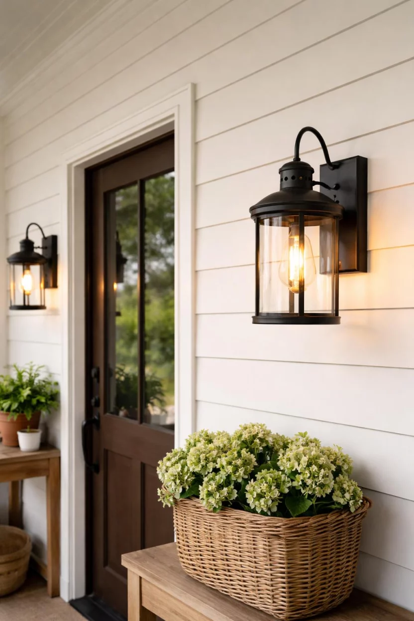 A realistic photo of a front porch wall with a pair of black metal lantern sconces that have clear glass and Edison style light bulbs inside.