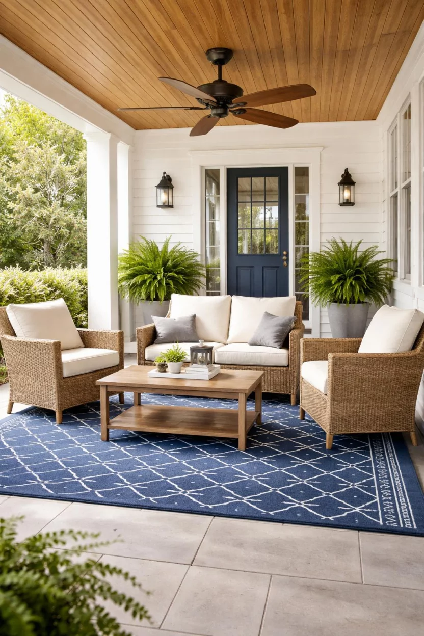 A realistic photo of a front porch with a light tan rattan loveseat and matching chairs featuring cream cushions and a navy blue outdoor rug beneath a wooden ceiling fan.