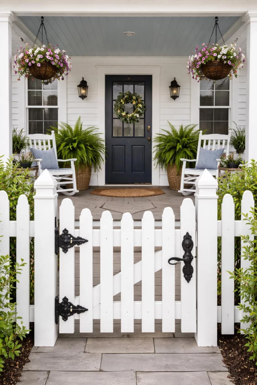 A realistic photo of a front porch with a white wooden picket fence railing and a matching gate that has an ornate black iron latch.