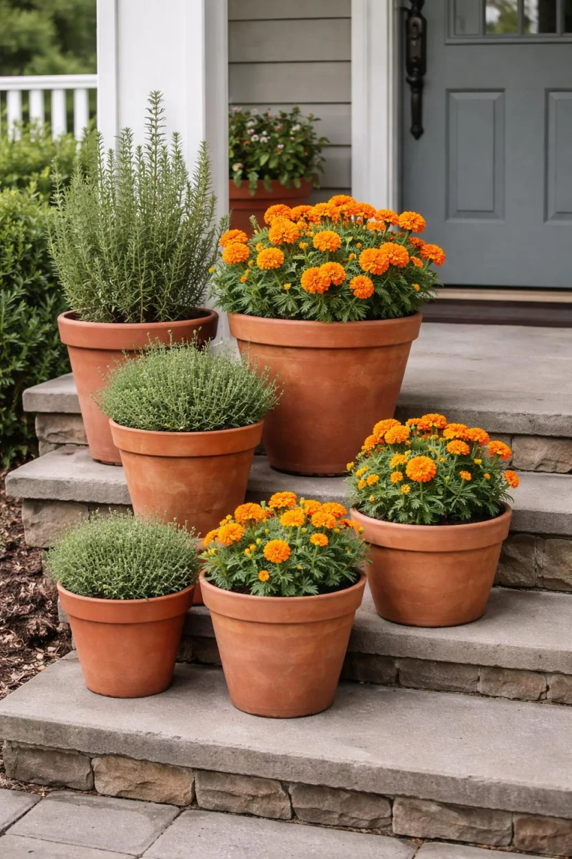 A realistic photo of a front porch step with a cluster of various sized terracotta pots containing orange marigolds and green herbs like rosemary and thyme.