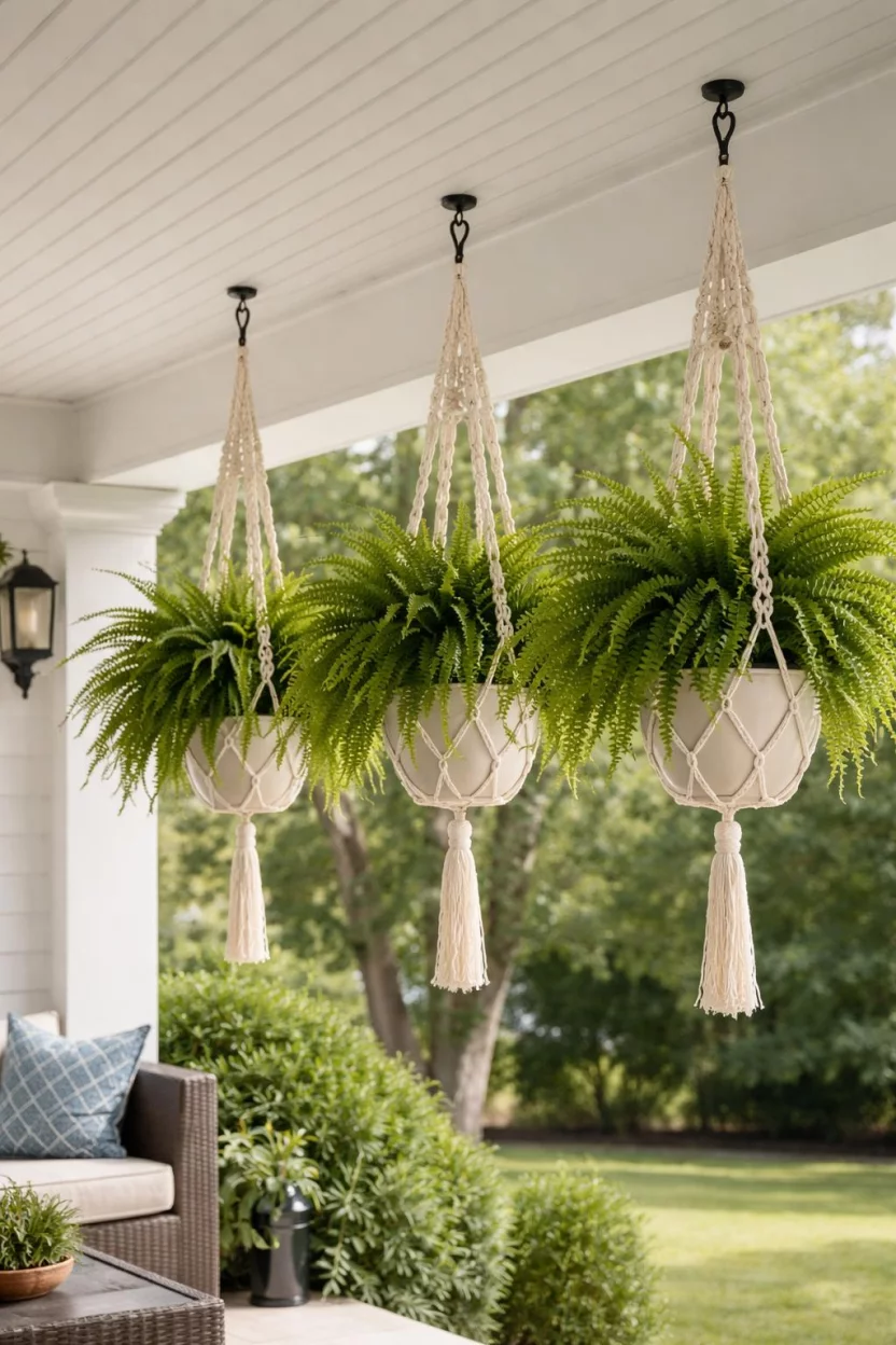 A realistic photo of a front porch ceiling with three lush green Boston ferns hanging in cream cotton macramé plant hangers from black hooks.