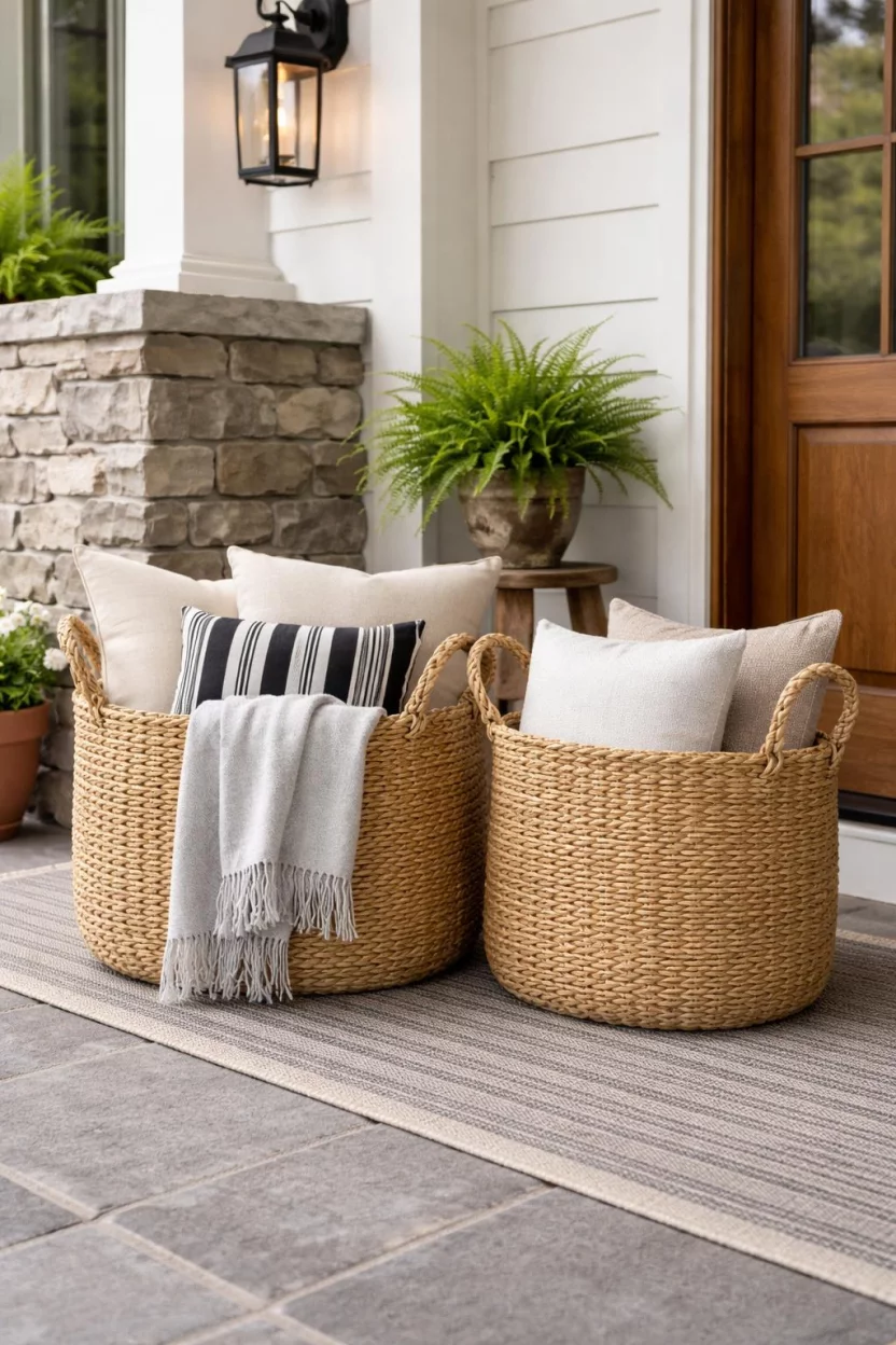 A realistic photo of a front porch corner with two large tan seagrass baskets used to hold extra outdoor pillows and a folded gray throw blanket.