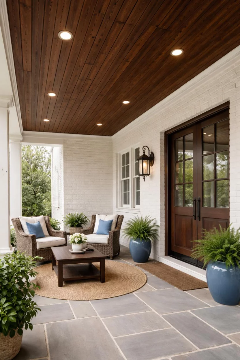 A realistic photo of a front porch showing a rich dark walnut wood plank ceiling with recessed lighting and a white brick house wall in the background.