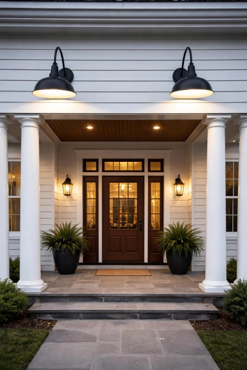 A realistic photo of a front porch lit by large matte black goose neck barn lights mounted on white siding above a wide porch entrance with tall pillars.