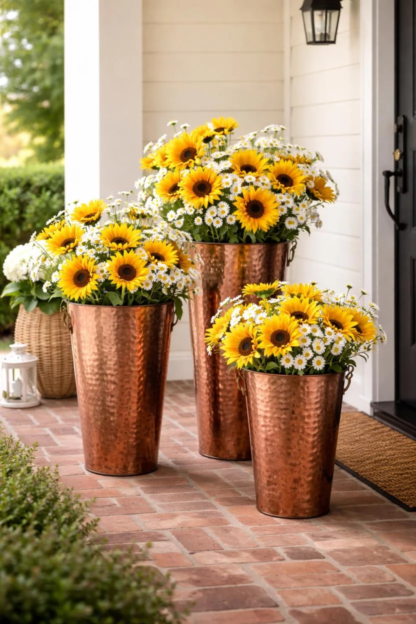 A realistic photo of a front porch corner with three tall hammered copper buckets filled with yellow sunflowers and white daisies sitting on a brick floor.