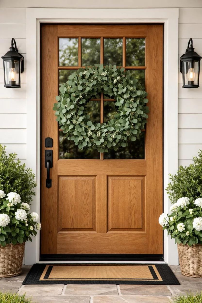 A realistic photo of a front porch focusing on a thick green eucalyptus wreath hanging on a natural oak wood front door with black iron hardware and glass panes.