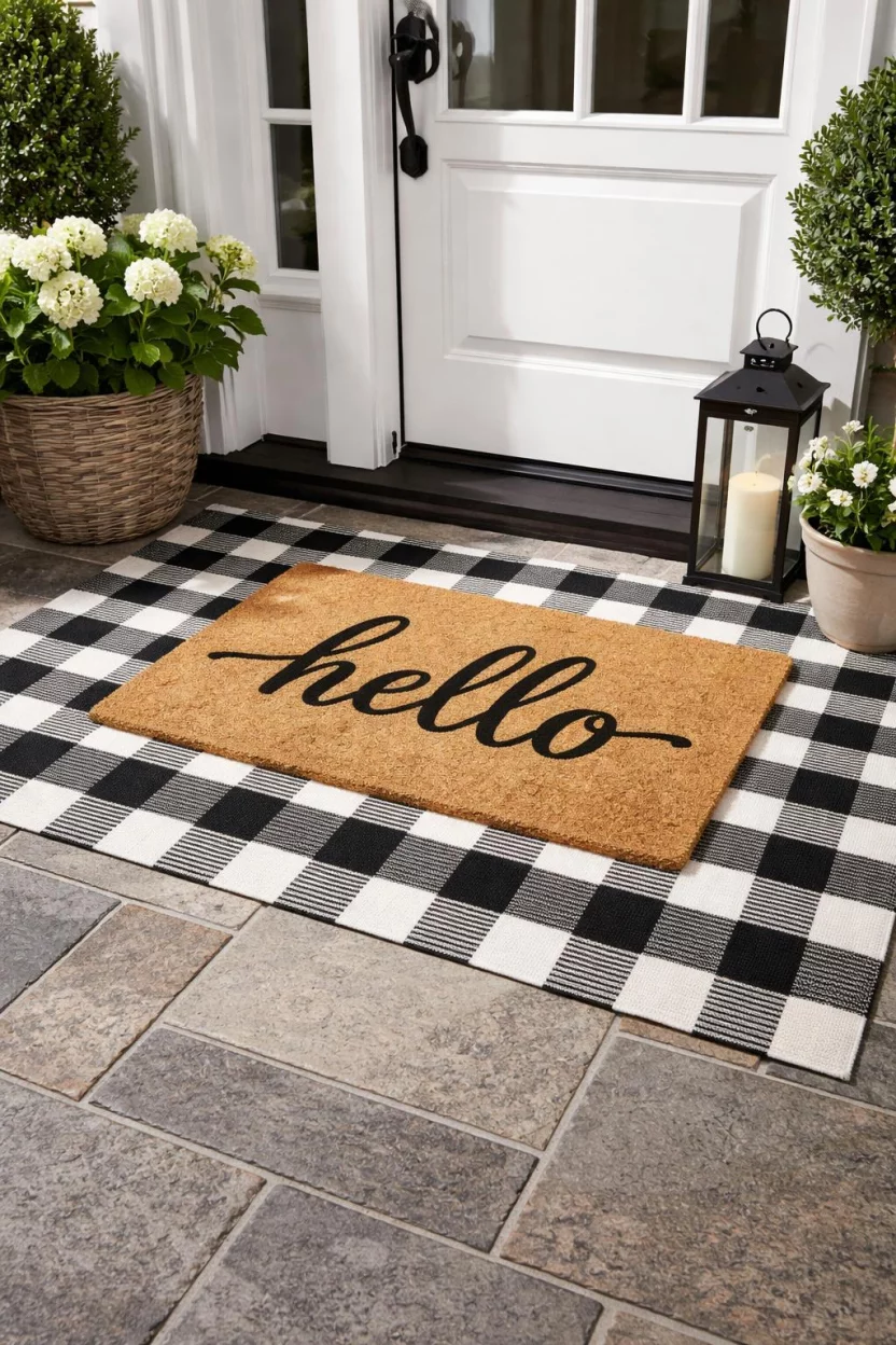 A realistic photo of a front porch floor with a large black and white buffalo check rug layered underneath a smaller natural coir mat with the word hello in black script.