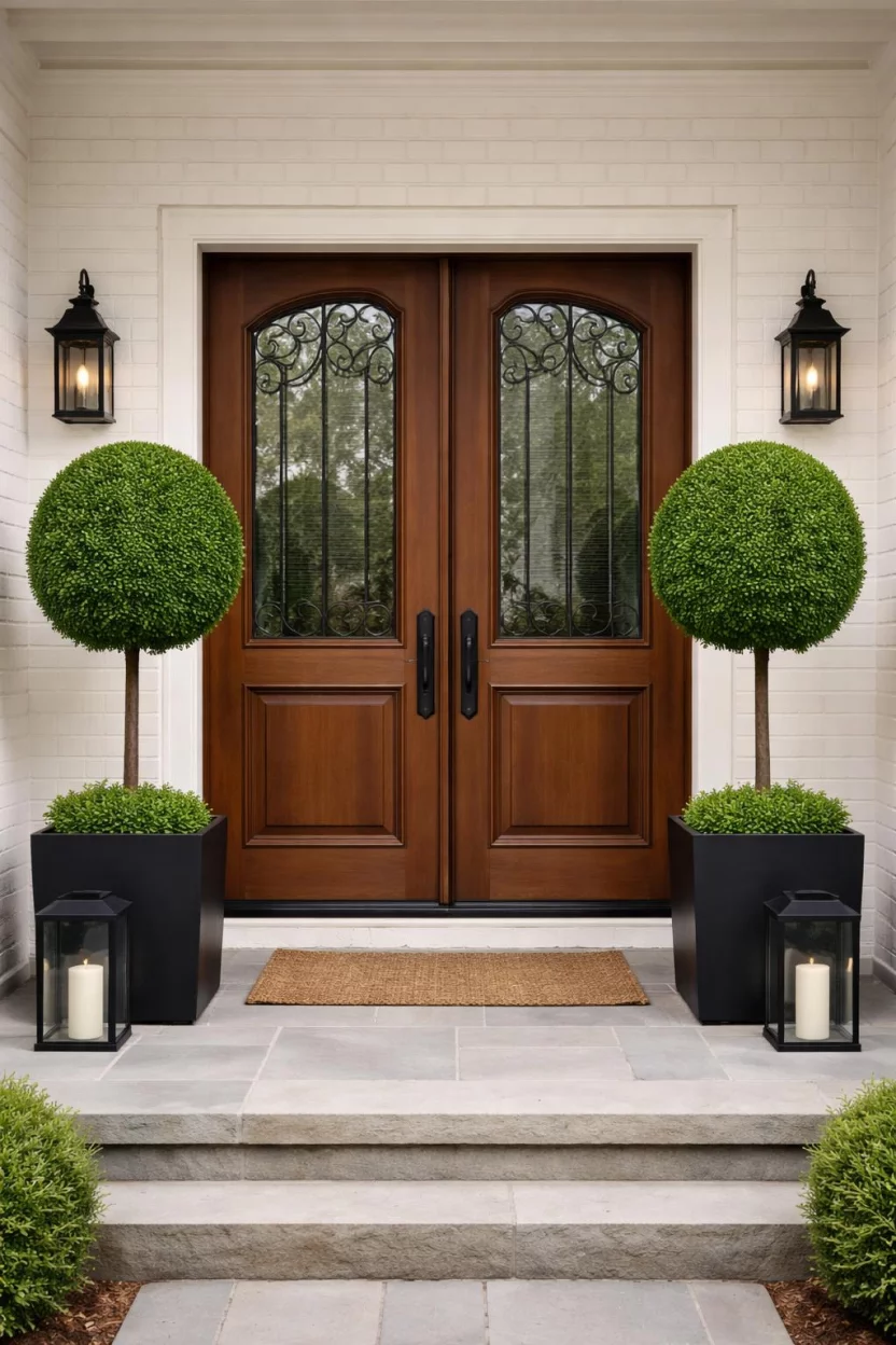 A realistic photo of a front porch with two tall round green boxwood topiaries in black square ceramic pots flanking a set of double wooden doors.