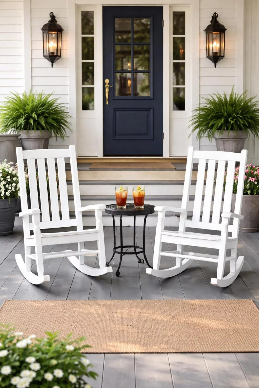 A realistic photo of a front porch with two bright white wooden rocking chairs separated by a small round black metal table with two glasses of iced tea.