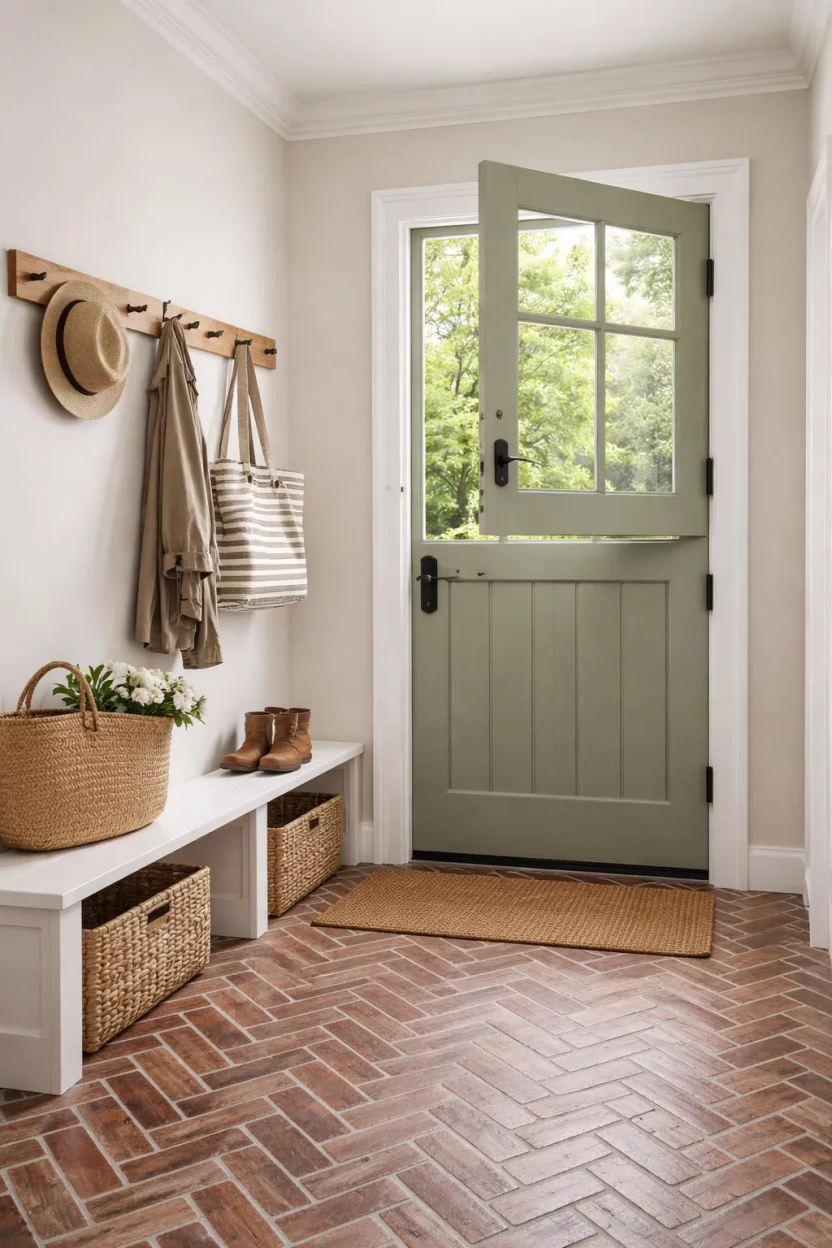 A realistic photo of a mudroom showing a sage green dutch door with the top half open, a brick floor in a herringbone pattern, and a small wooden peg rail.