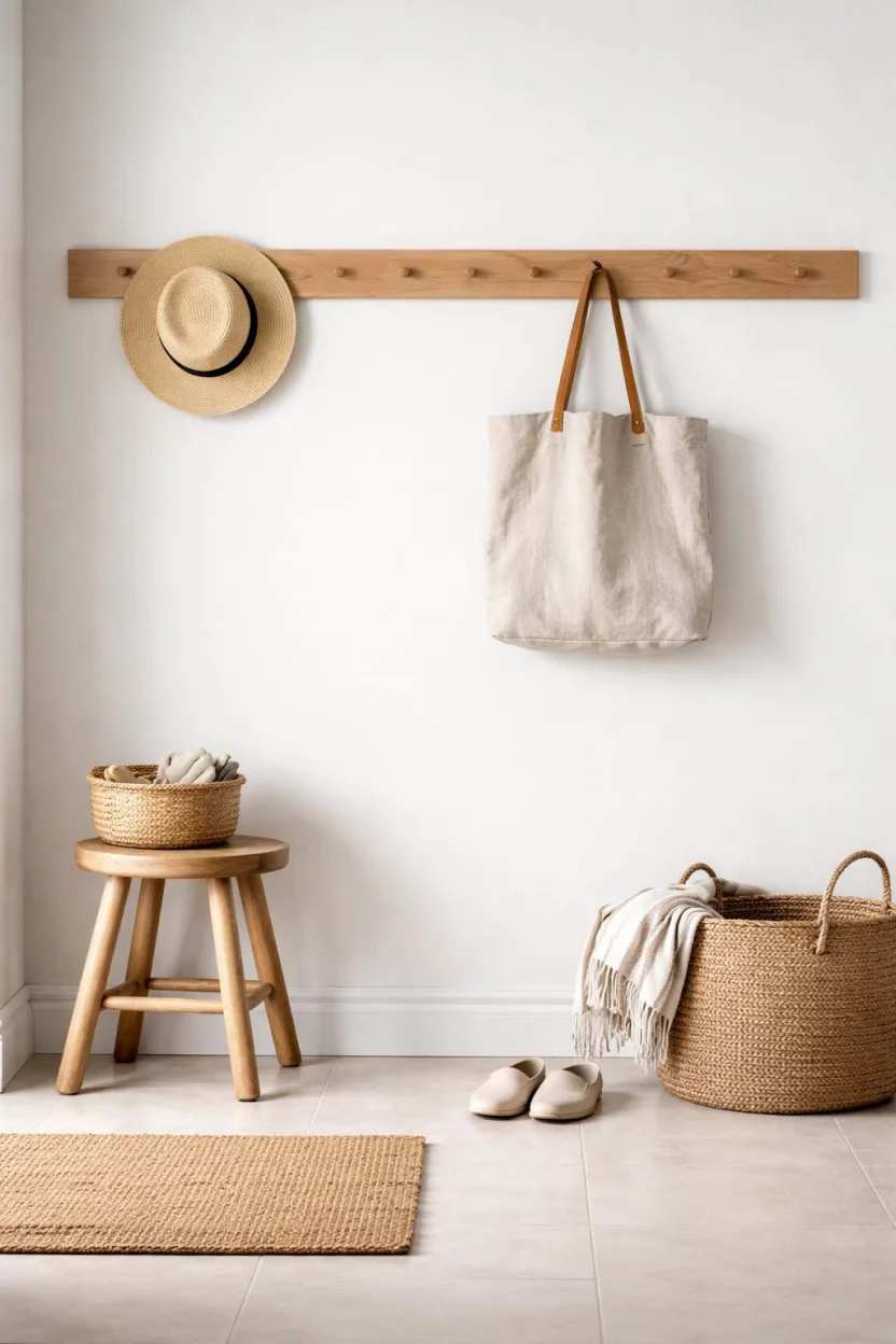 A realistic photo of a mudroom with a long wooden peg rail across a white wall, a straw hat hanging, a linen bag, and a simple wooden stool.