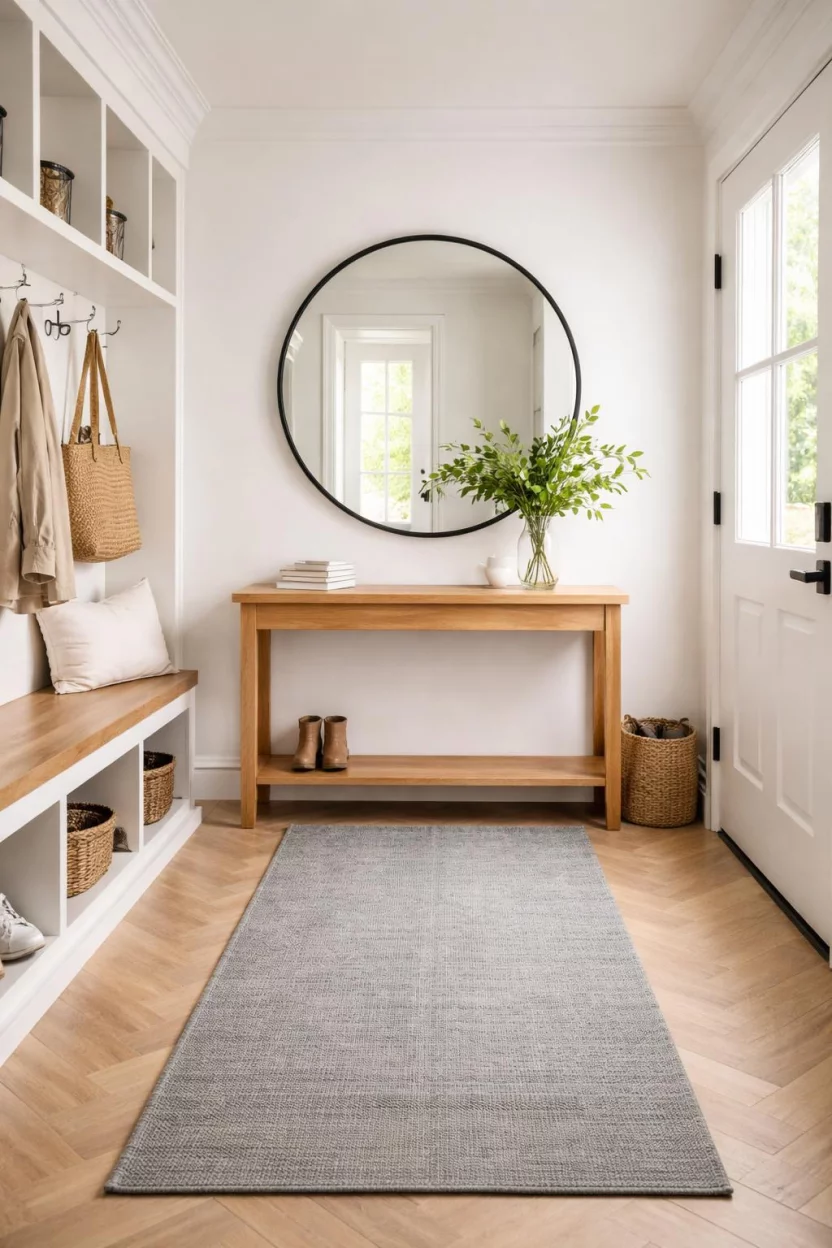 A realistic photo of a mudroom with a large round black framed mirror over a narrow wooden console table, a small glass vase with green leaves, and a gray runner rug.