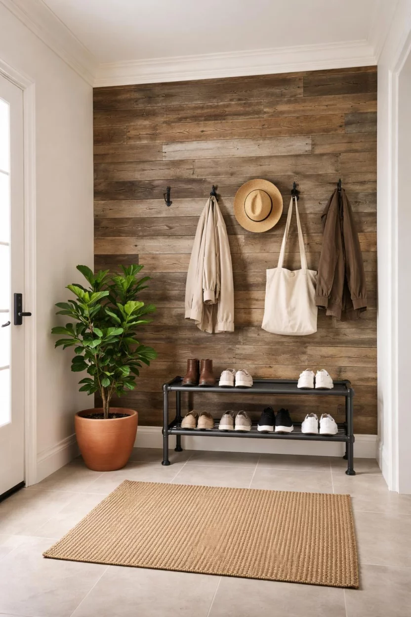 A realistic photo of a mudroom showcasing a reclaimed barn wood accent wall, a simple black iron pipe shoe rack, a terracotta pot with a green plant, and soft cream colored walls.