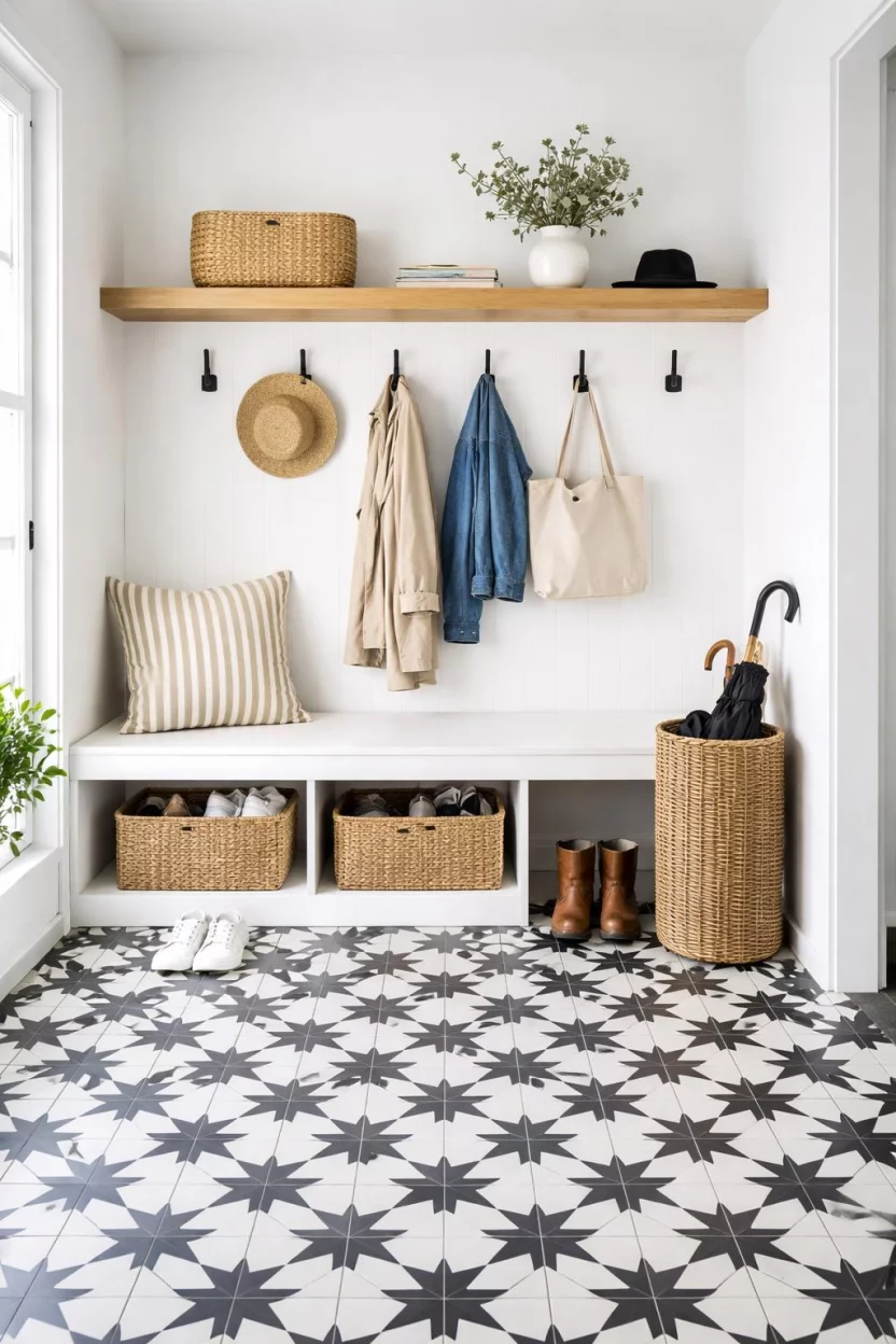 A realistic photo of a mudroom featuring black and white geometric patterned concrete floor tiles, a natural wood floating shelf, minimalist black hooks, and a wicker umbrella stand.