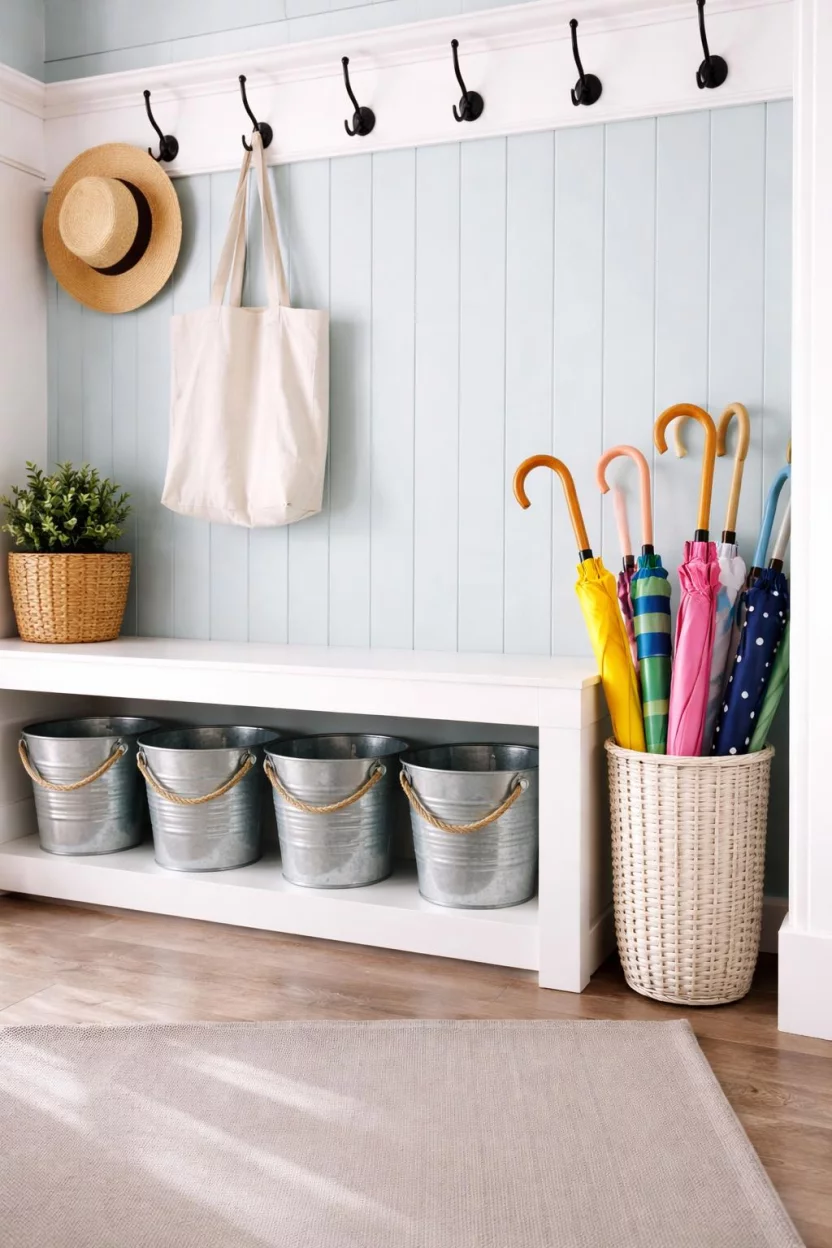 A realistic photo of a mudroom with several silver galvanized metal buckets on a low shelf, a light blue painted wall, and a collection of colorful umbrellas.