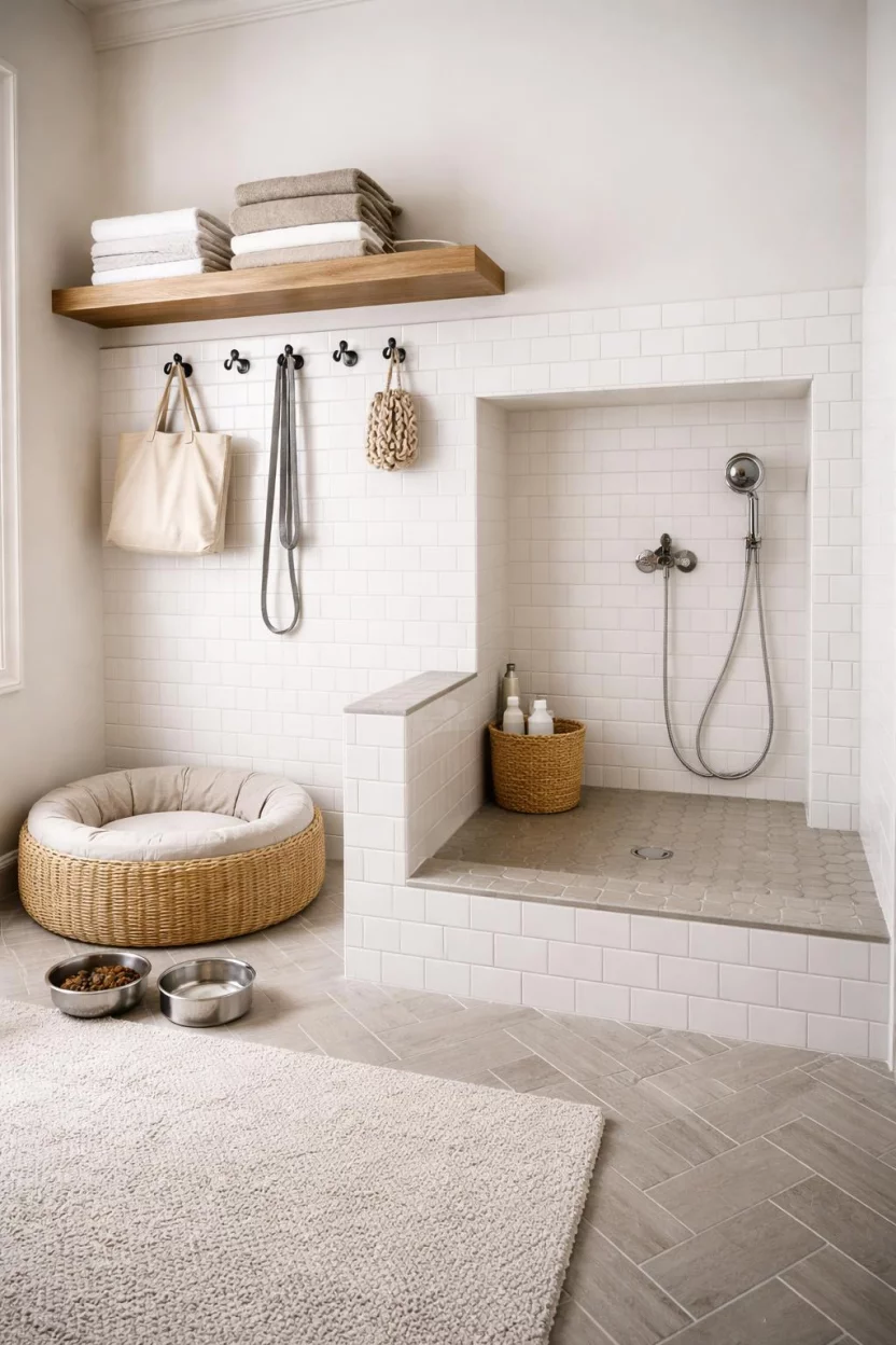 A realistic photo of a mudroom featuring a tiled dog wash station with a handheld chrome sprayer, white subway tiles, a neutral dog bed, and a wooden shelf for towels.