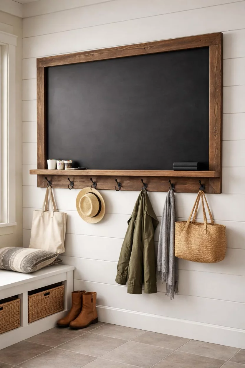 A realistic photo of a mudroom with a large wall mounted chalkboard in a rustic wood frame, a small shelf with chalk and an eraser, and a row of black metal hooks.