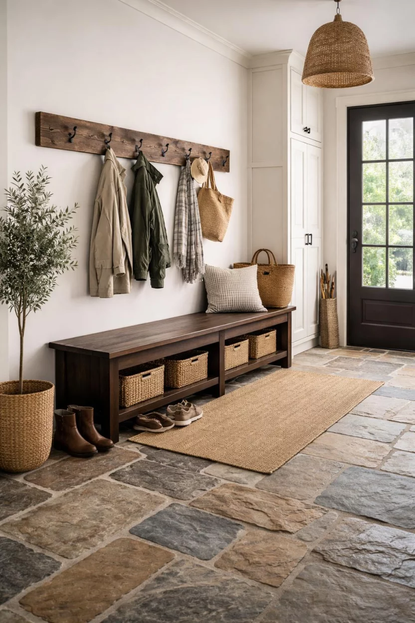A realistic photo of a mudroom with flagstone flooring in varied earthy tones, a dark wood bench, a tan wool rug, and a rustic wooden coat rack.