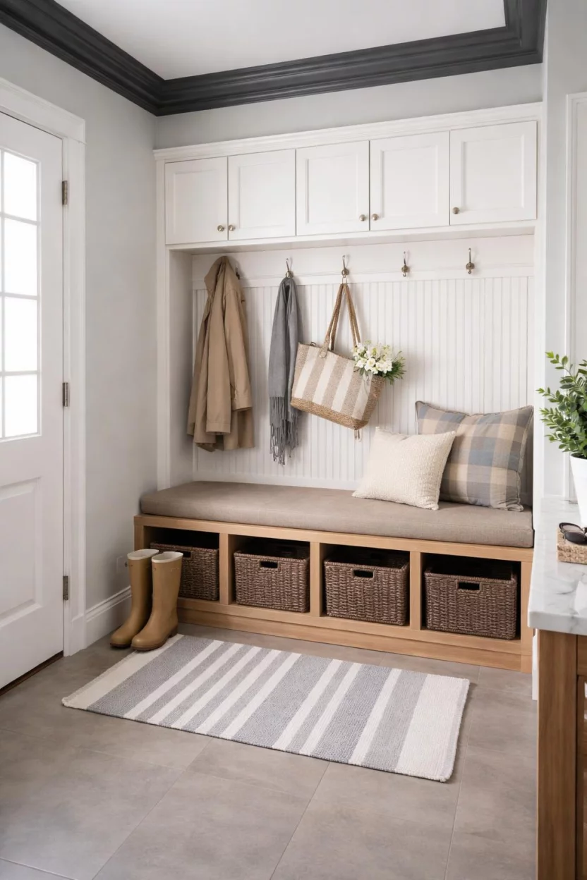 A realistic photo of a mudroom with light gray walls and dark charcoal grey crown molding, a built in wooden bench, and polished nickel hardware.