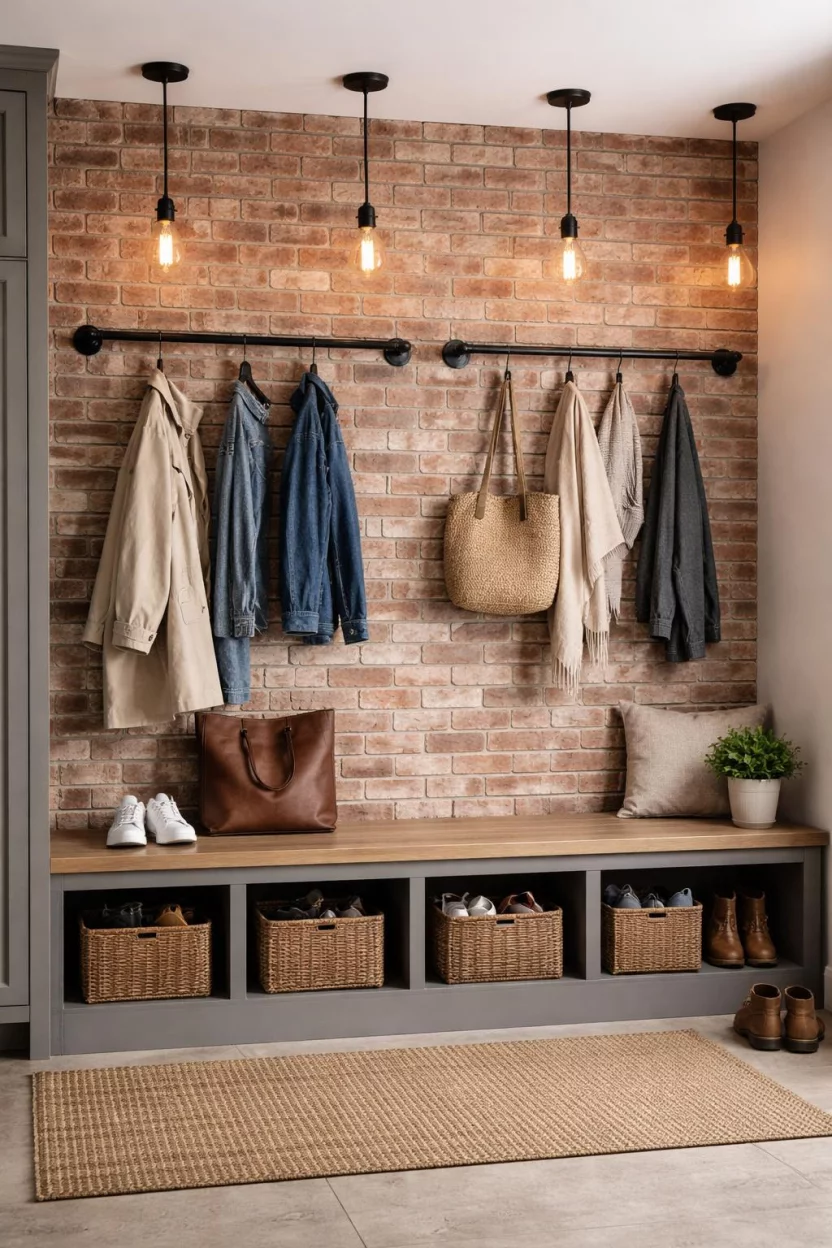 A realistic photo of a mudroom with black industrial iron pipe hanging rods, an exposed brick wall, a gray wooden bench, and vintage Edison bulb lighting.