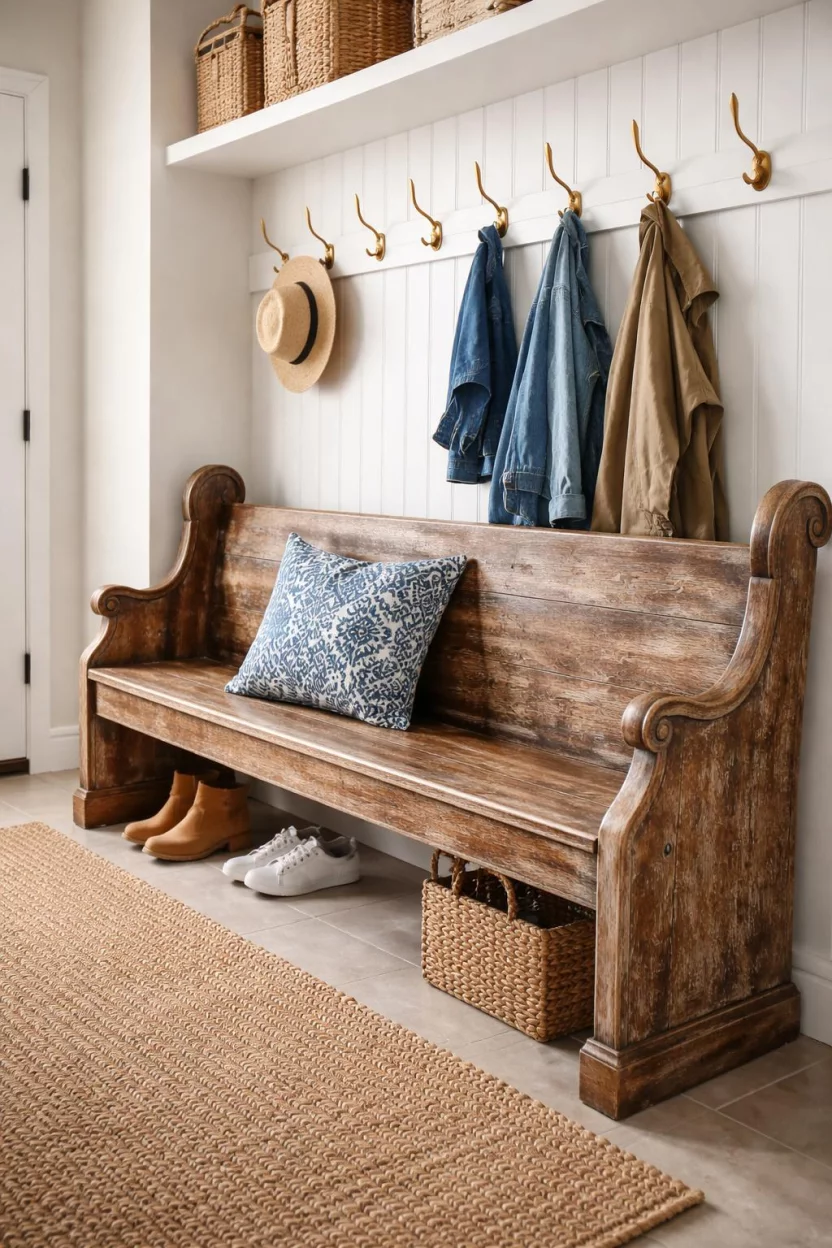 A realistic photo of a mudroom featuring a weathered antique church pew, a blue and white patterned throw pillow, a woven jute rug, and a wall of brass hooks.