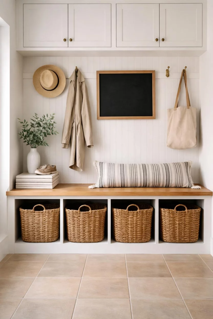 A realistic photo of a mudroom with several large woven willow baskets tucked under a wooden bench, a striped linen cushion, and a small black empty chalkboard on the wall.