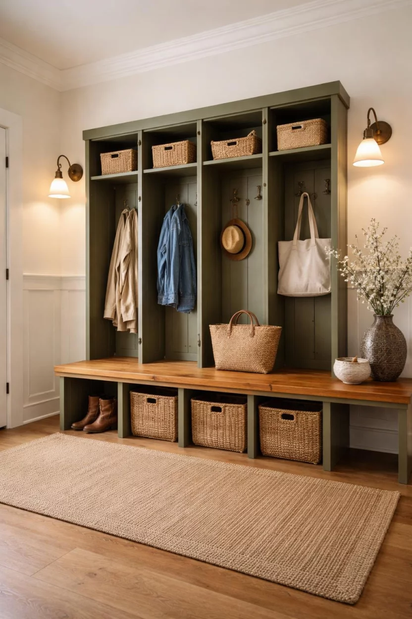 A realistic photo of a mudroom with olive green vintage metal lockers, a wooden butcher block bench, a jute area rug, and antique brass wall sconces.