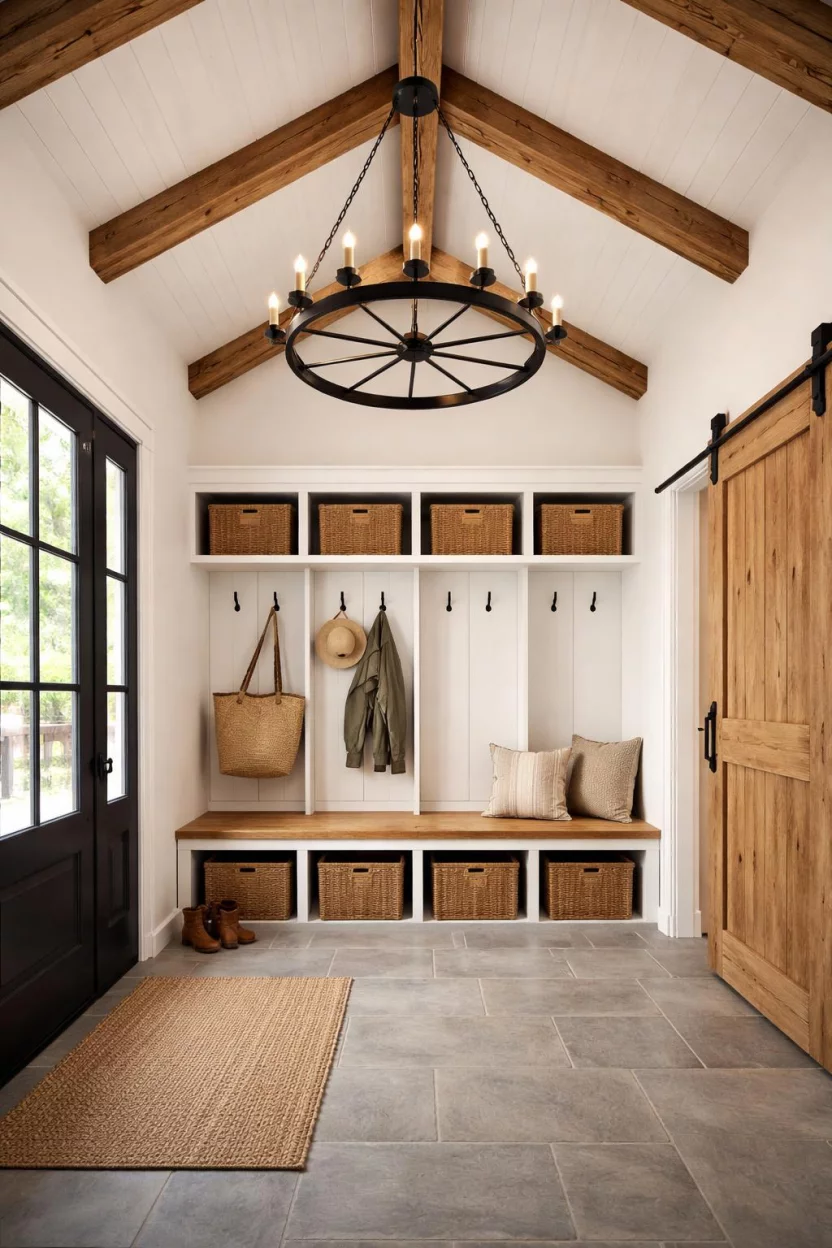 A realistic photo of a mudroom featuring a black wrought iron wagon wheel chandelier, high vaulted ceilings with wooden beams, and a simple wooden bench below.