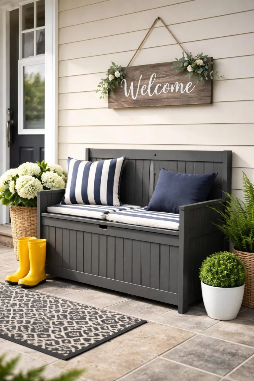 A realistic photo of a front porch featuring a dark grey wooden storage bench with a hinged lid, striped navy and white cushions, a pair of yellow rain boots, and a welcome sign.