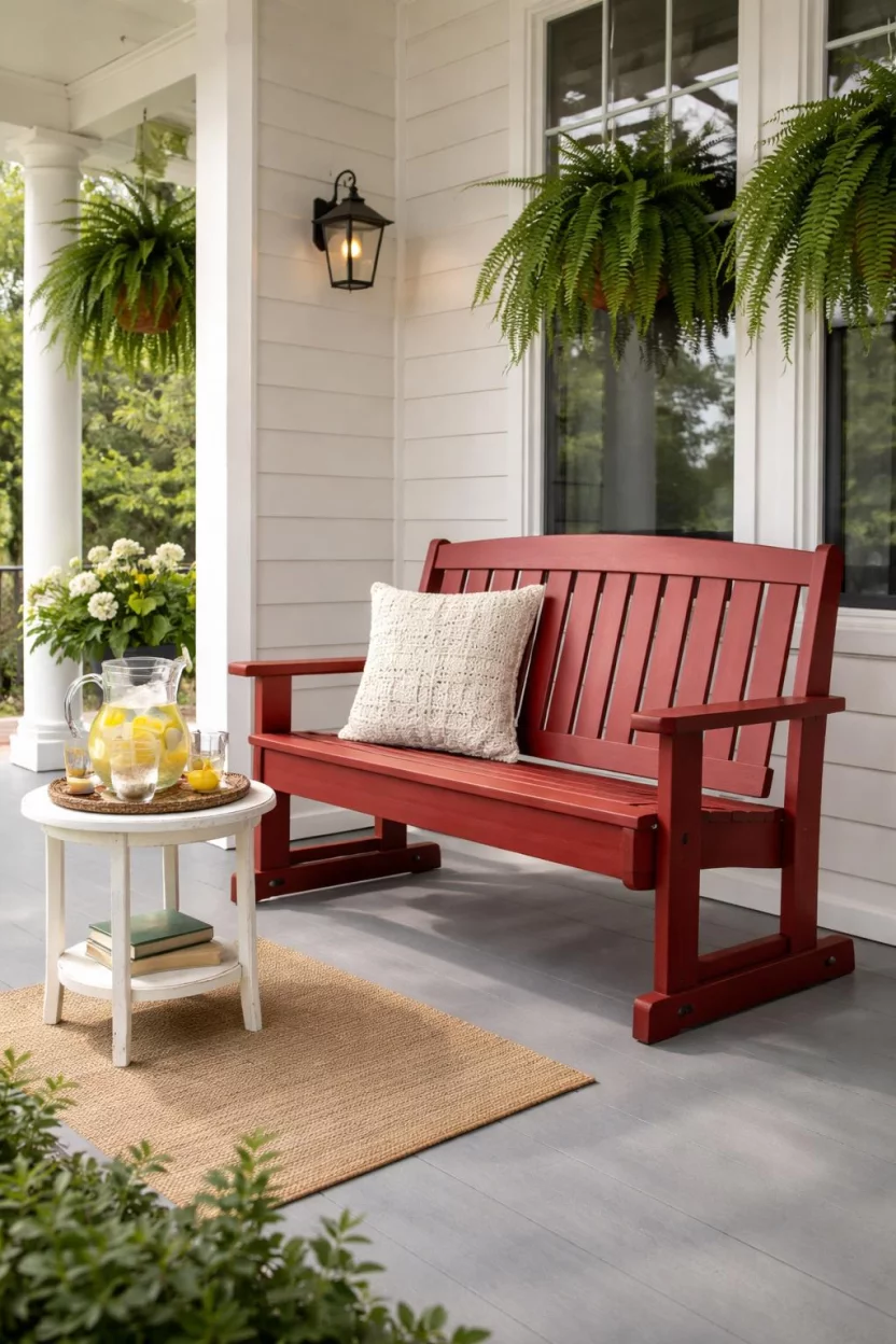 A realistic photo of a front porch with a wooden porch glider bench in cherry red, a white crochet pillow, a small table with a lemonade pitcher, and a grey floor.