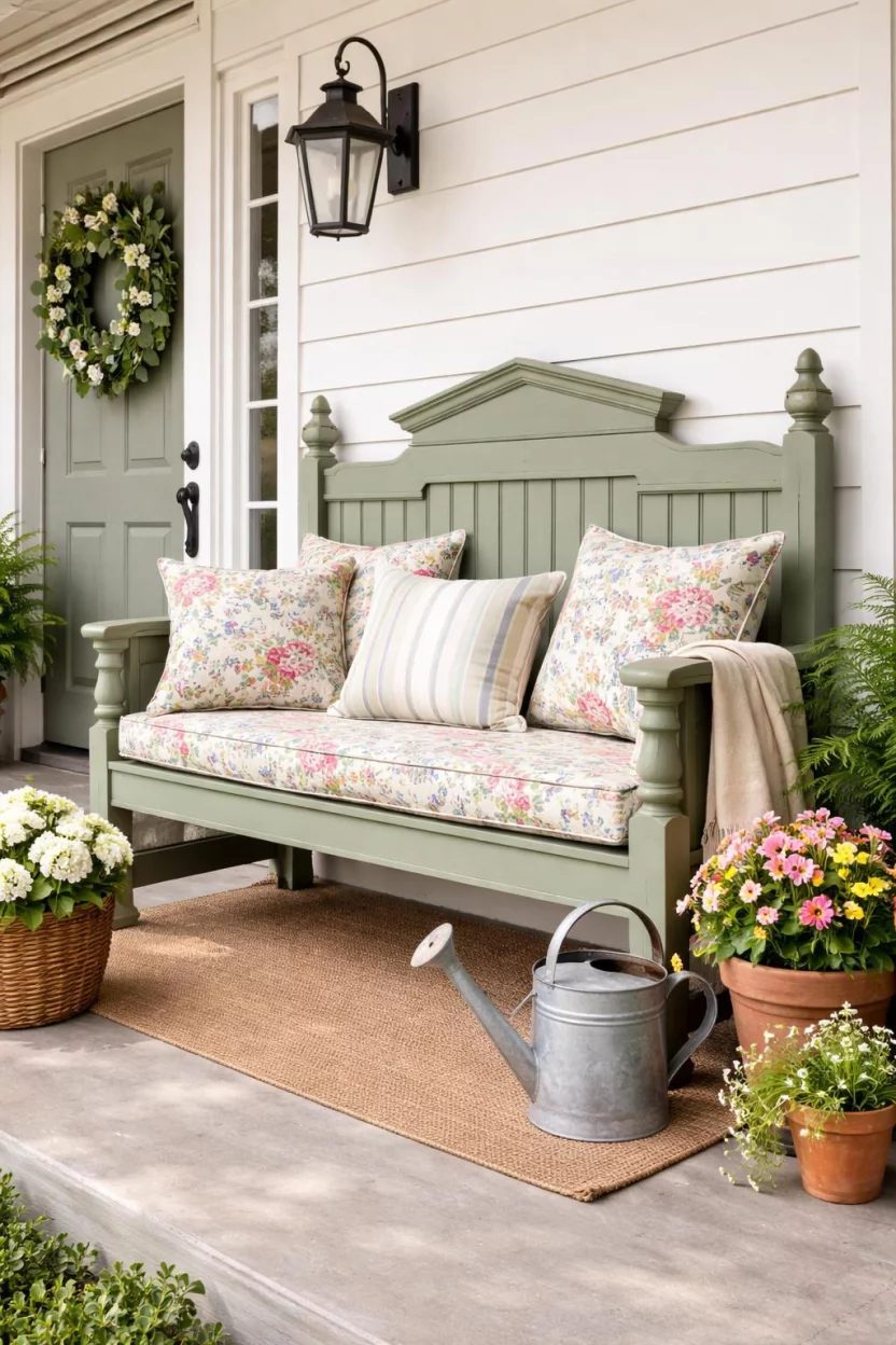 A realistic photo of a front porch with a bench made from a repurposed antique wooden headboard painted sage green, floral print cushions, and a watering can.