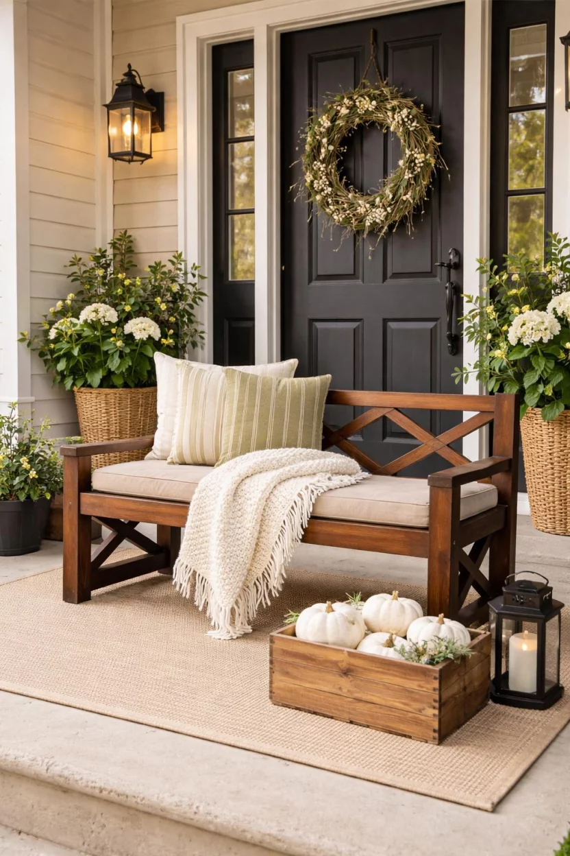 A realistic photo of a front porch with a dark walnut stained X frame wood bench, a white knit throw, a wooden crate filled with white pumpkins, and a beige outdoor rug.