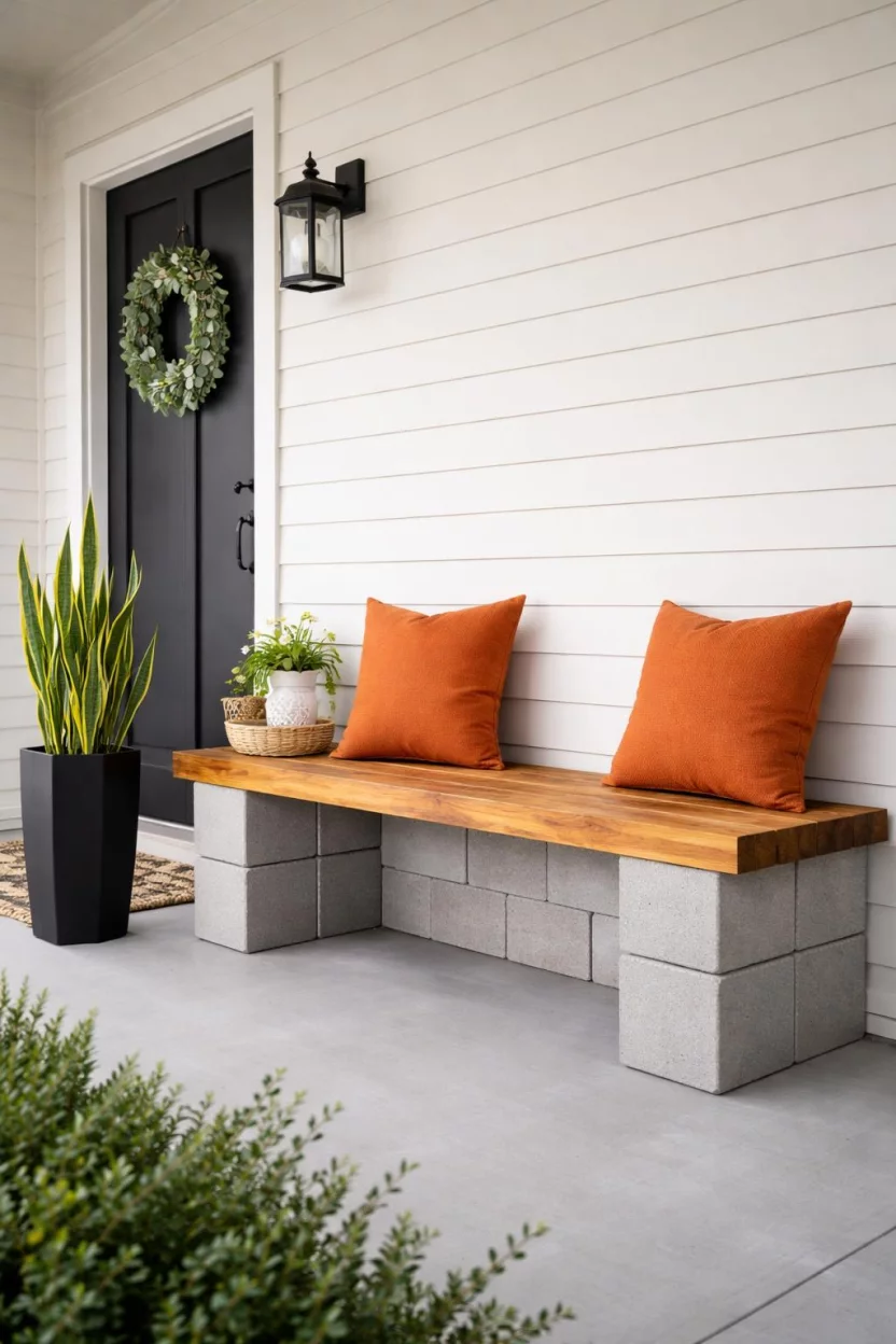 A realistic photo of a front porch with a bench made of grey concrete blocks and stained pine planks, orange accent pillows, a tall black metal planter with snake plants, and a light grey floor.