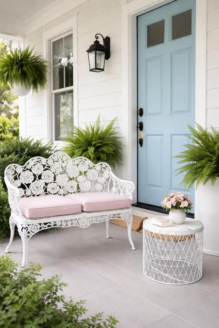 A realistic photo of a front porch with an ornate white cast aluminum bench with rose patterns, light pink seat cushions, a white wire side table, and a pastel blue door.