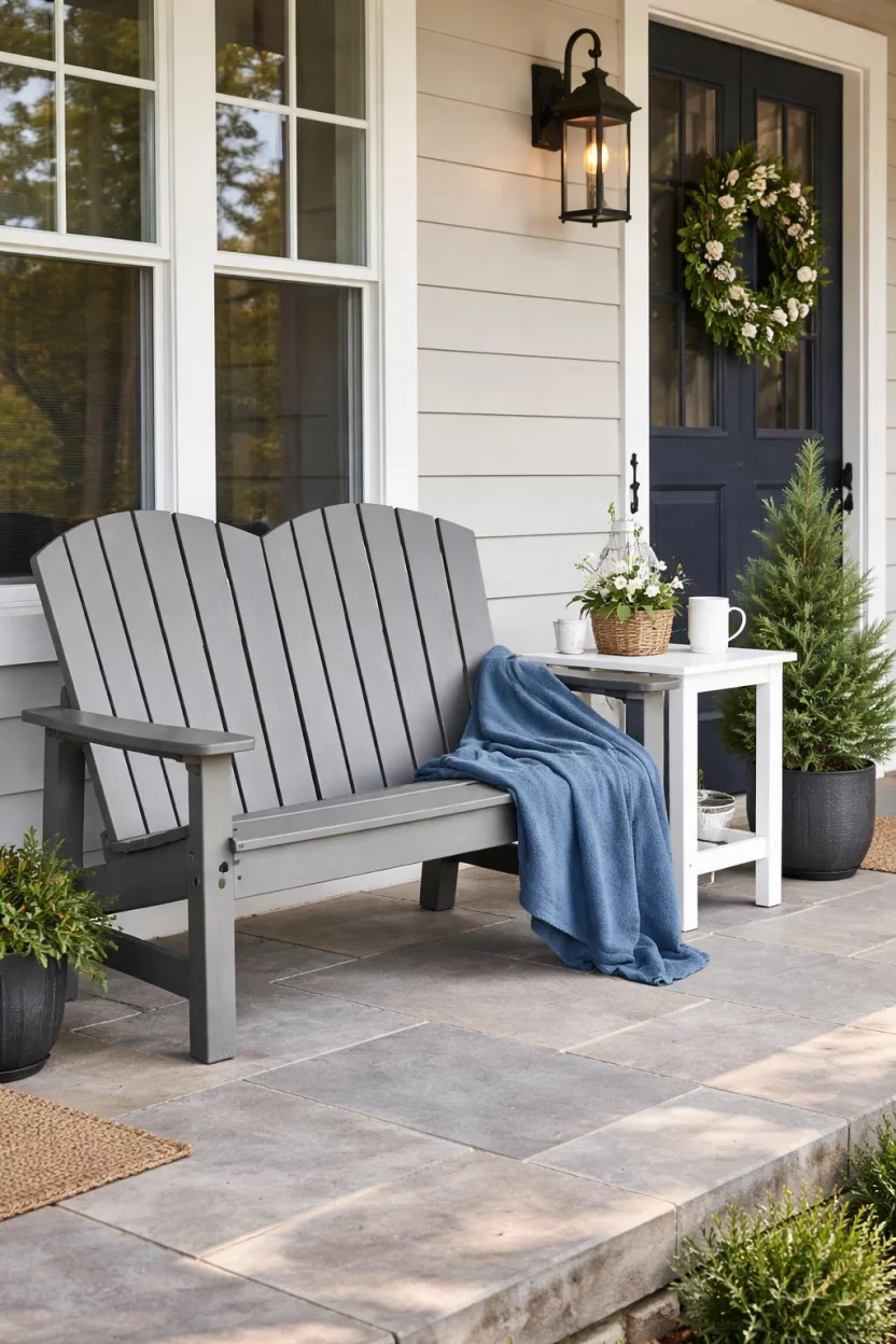 A realistic photo of a front porch with a grey recycled plastic adirondack bench, a blue fleece blanket, a white wooden side table, and a small pine tree in a black pot.