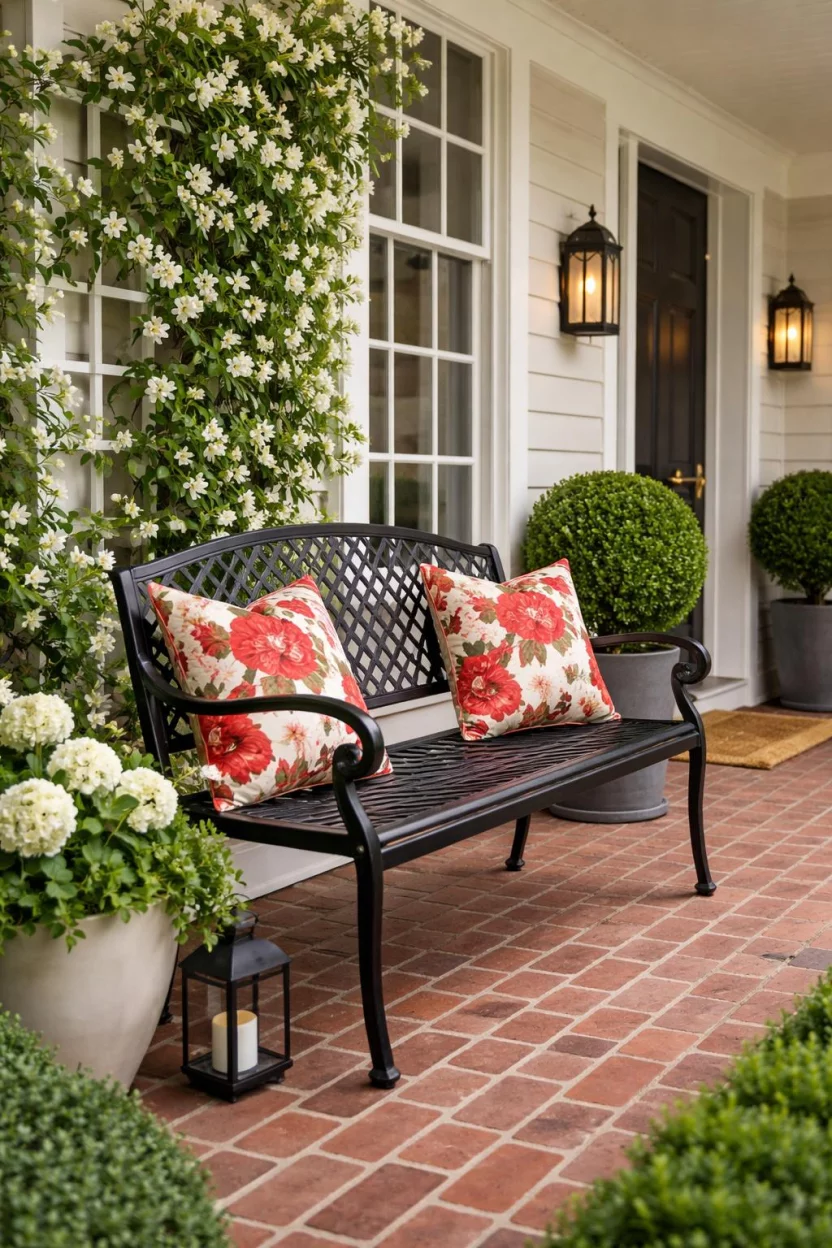 A realistic photo of a front porch highlighting a sleek black iron garden bench, red floral outdoor pillows, a white blooming jasmine vine on a trellis, and a red brick floor.