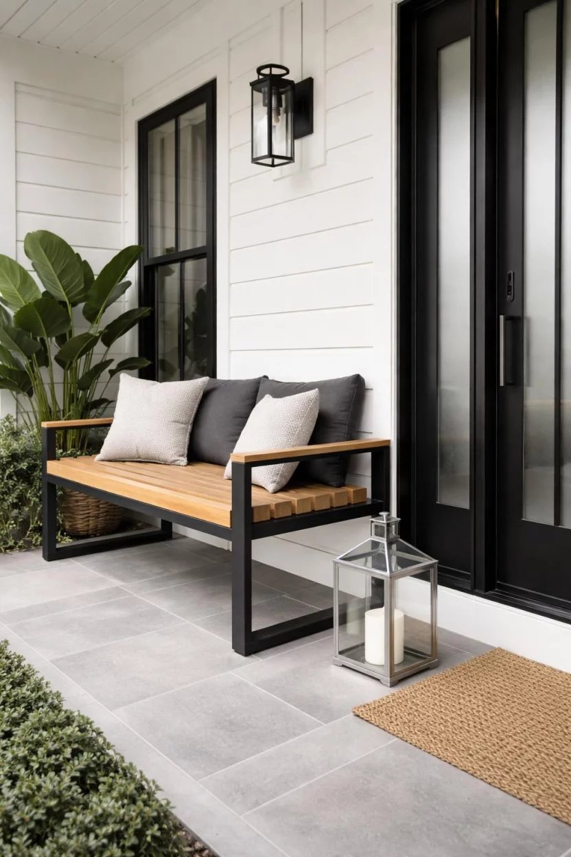 A realistic photo of a front porch with a bench featuring a black steel frame and light oak slats, charcoal grey cushions, a large silver lantern, and a modern glass front door.