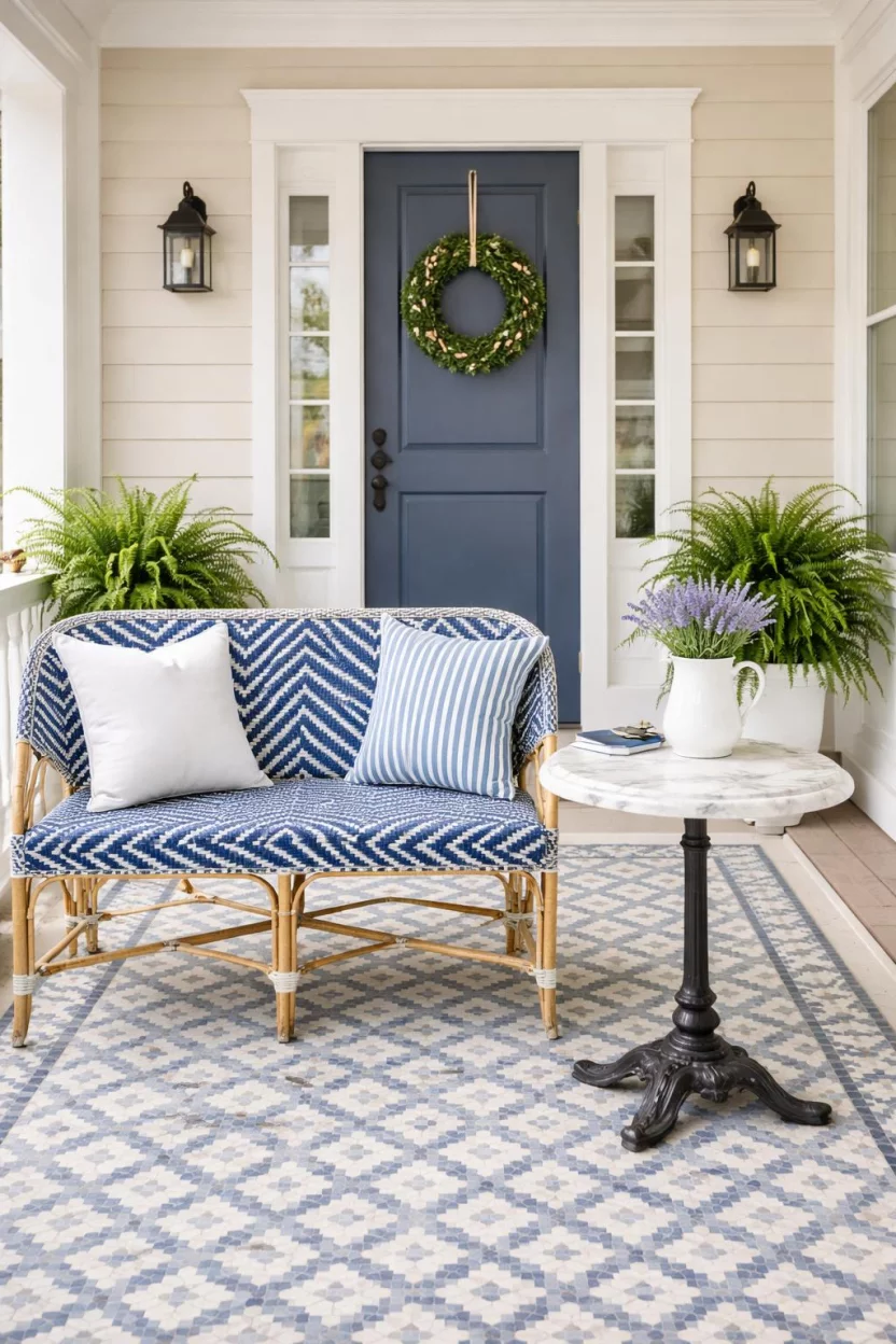 A realistic photo of a front porch with a blue and white woven wicker bench, a small marble top bistro table, a white porcelain pitcher with lavender, and a mosaic tile floor.