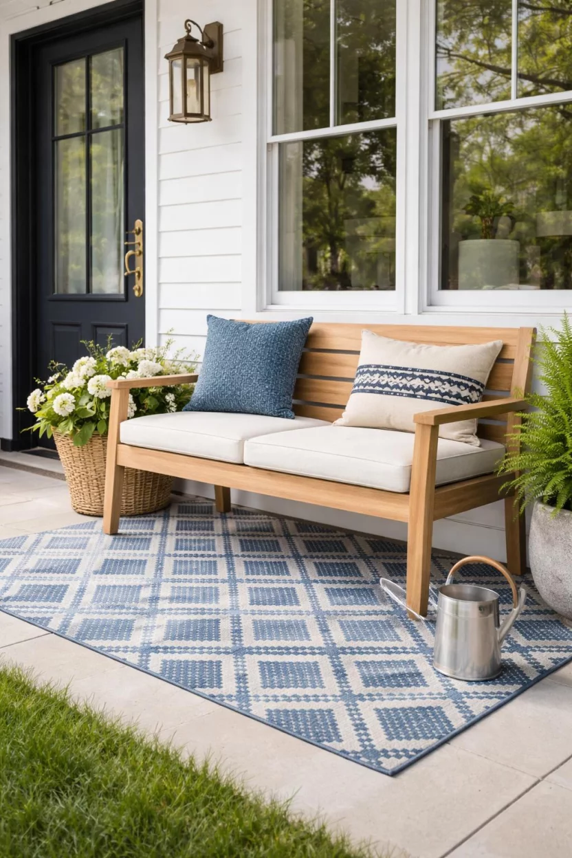 A realistic photo of a front porch with a modern light acacia wood bench, cream colored seat pads, a geometric pattern rug in blue and white, and a stainless steel watering can.