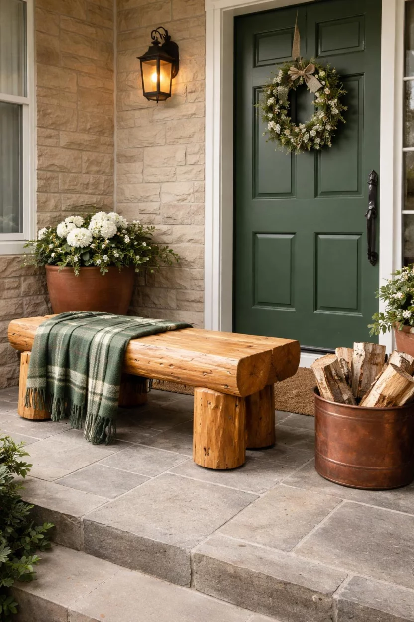 A realistic photo of a front porch featuring a heavy cedar log bench, a green plaid wool blanket, a large copper bucket with firewood, and a forest green door.