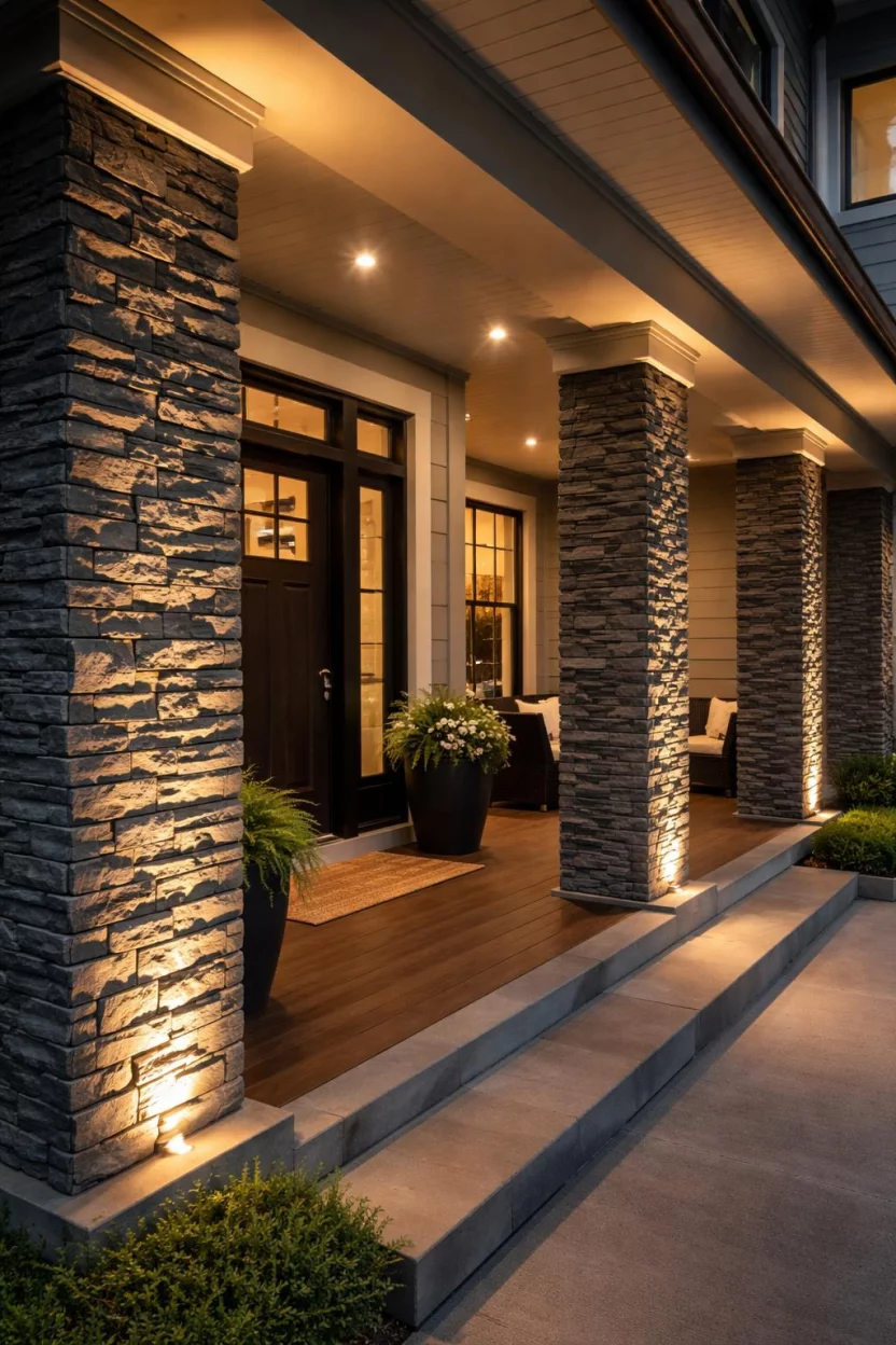 A realistic photo of a front porch featuring square columns wrapped in charcoal grey stacked slate stone from floor to ceiling, with warm LED up lighting highlighting the rough texture of the stones at night.