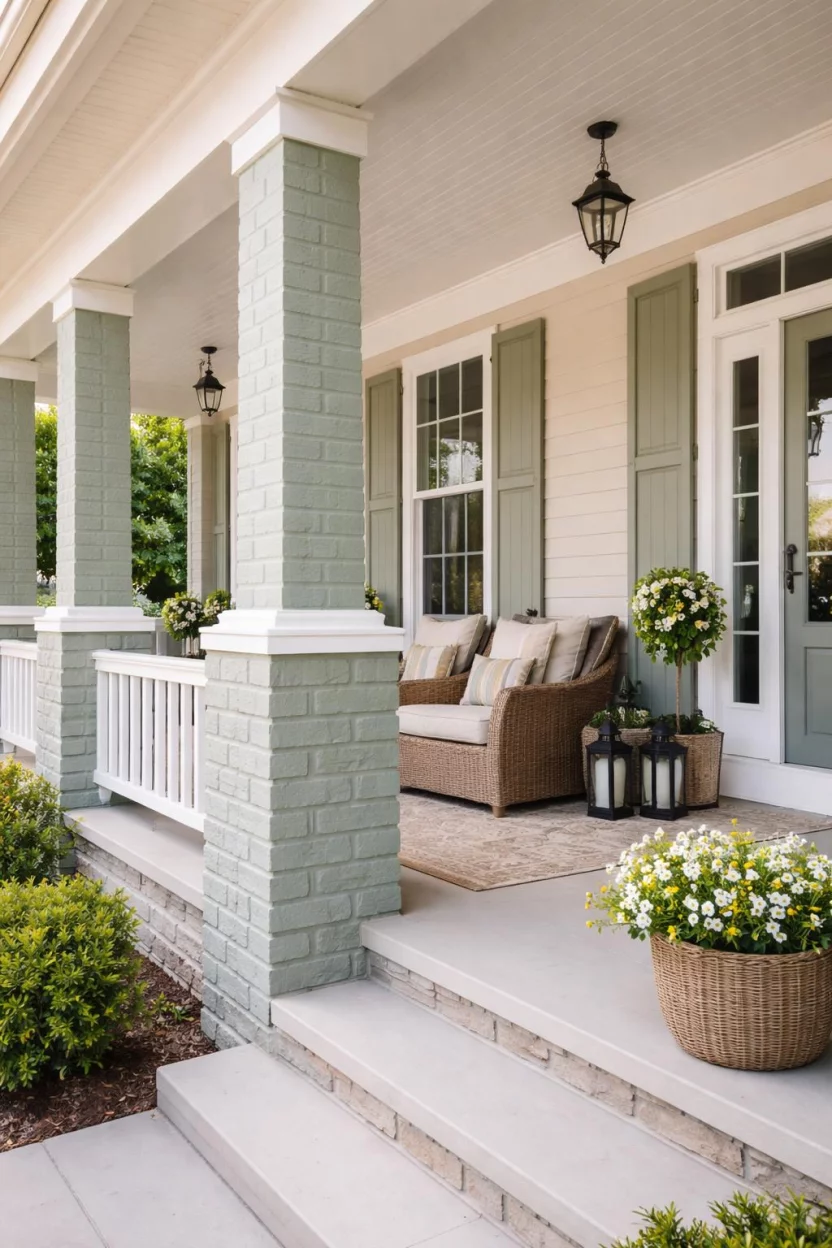A realistic photo of a front porch with thick square brick columns painted in a soft sage green, matching the house shutters, with a white wooden railing connecting the pillars.