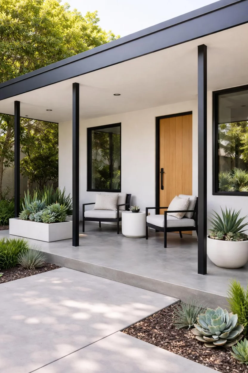 A realistic photo of a front porch with slender black powder coated steel columns, supporting a minimalist flat roof over a polished concrete floor, featuring sleek outdoor furniture and minimalist succulent planters.